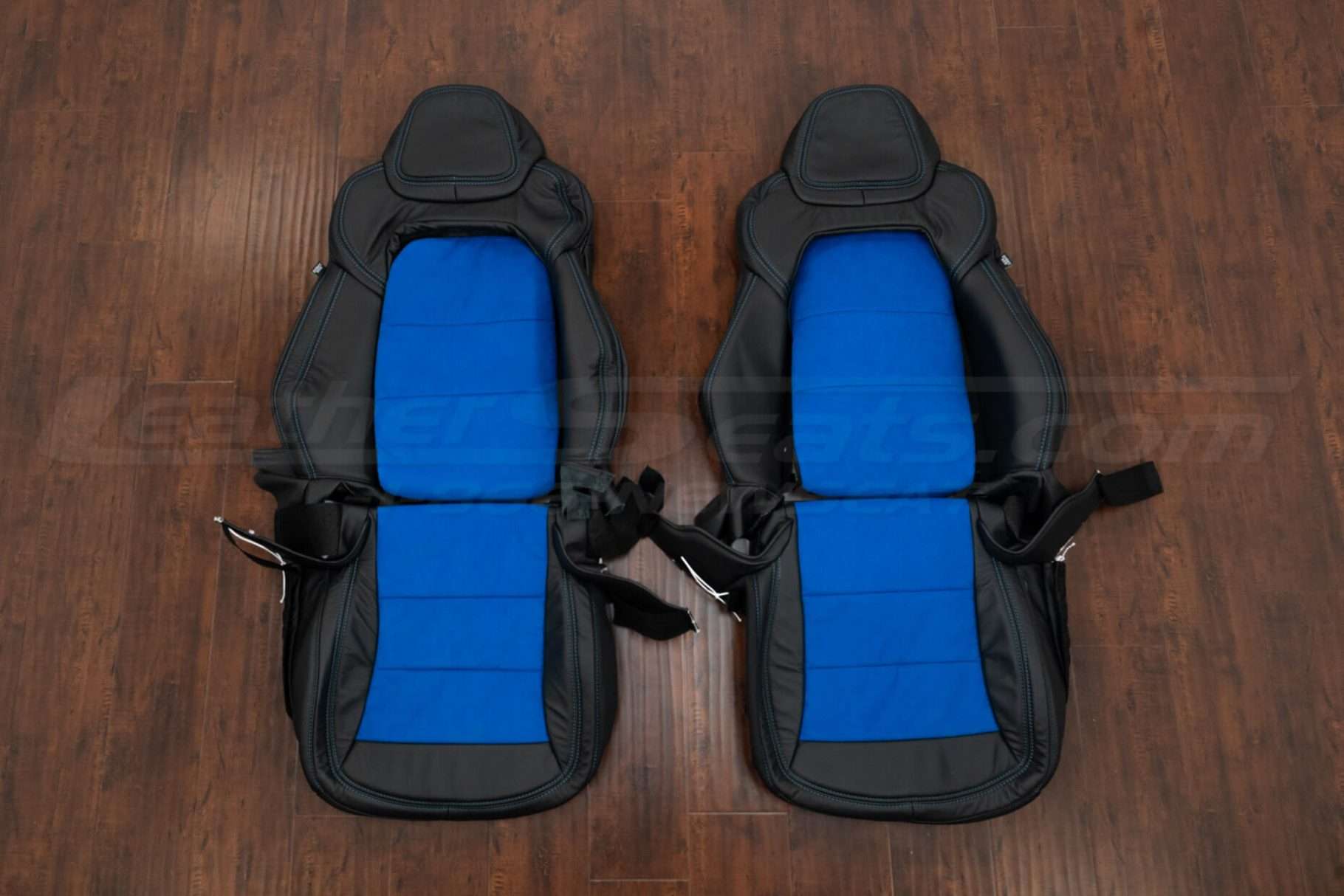 2012-2013 Chevrolet C6 Corvette Leather Seat Upholstery Kit - Black/Cobalt Suede - Front seat upholstery