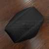 Top-down view of Black leather console lid cover with contrasting white stitching
