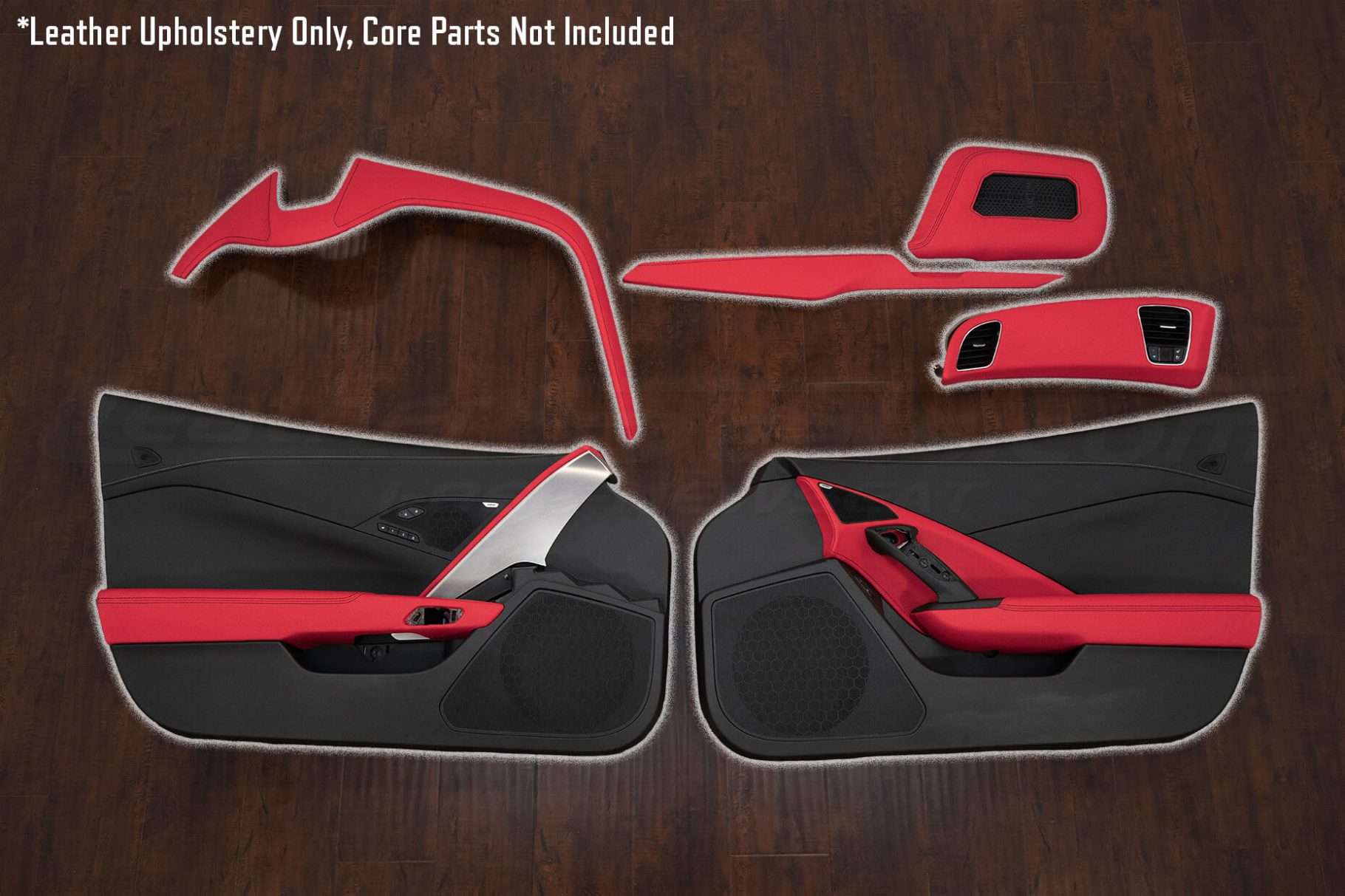 c7 corvette small parts laid out for display, flat-lay photo