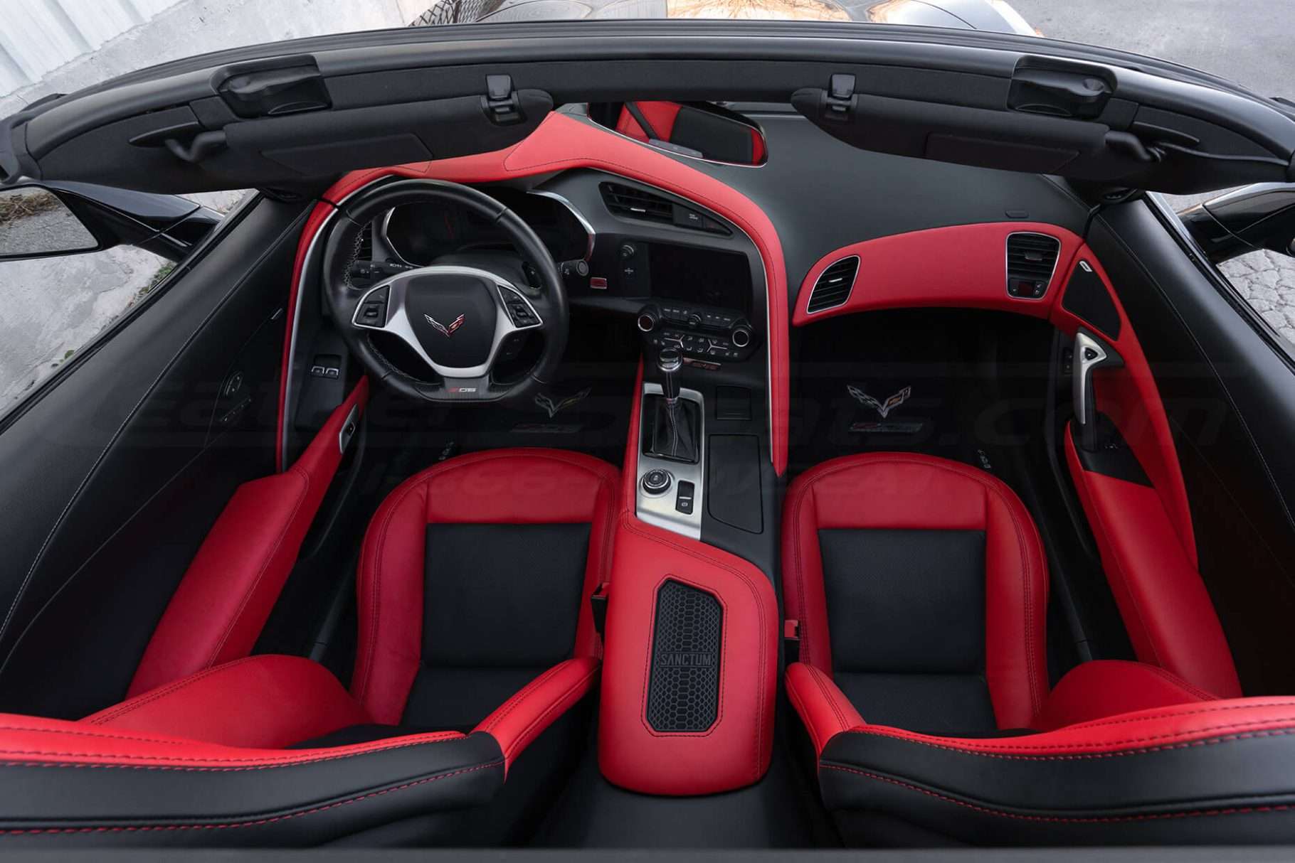 C7 corvette interior convertible top down view of leather interior seat upholstery
