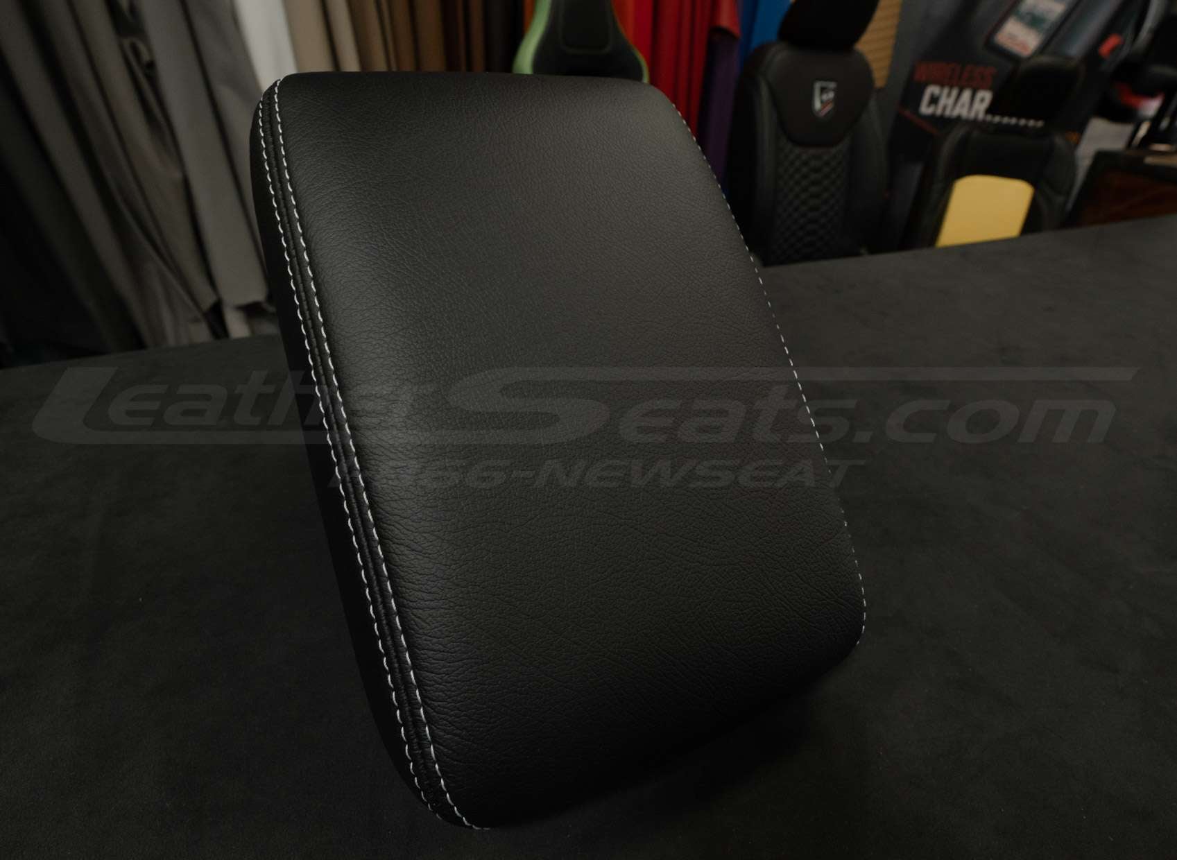 Side view of leather console lid cover with grey stitching for Jeep Wrangler JL and Jeep JT Gladiator