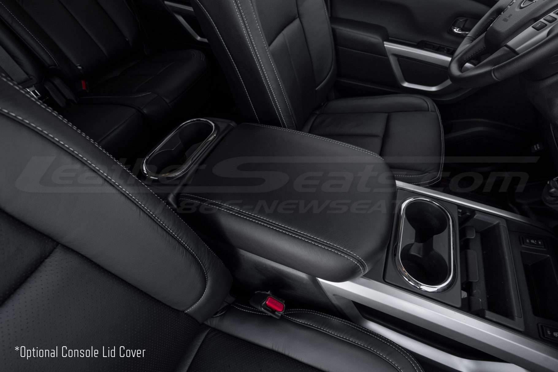 Alternative view of console lid cover in Black with silver stitching