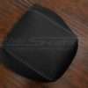 Top-Down side view of console lid cover in Black leather with dove grey stitching