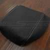Flat lay side view of black leather console lid cover with dove gre contrasting stitching