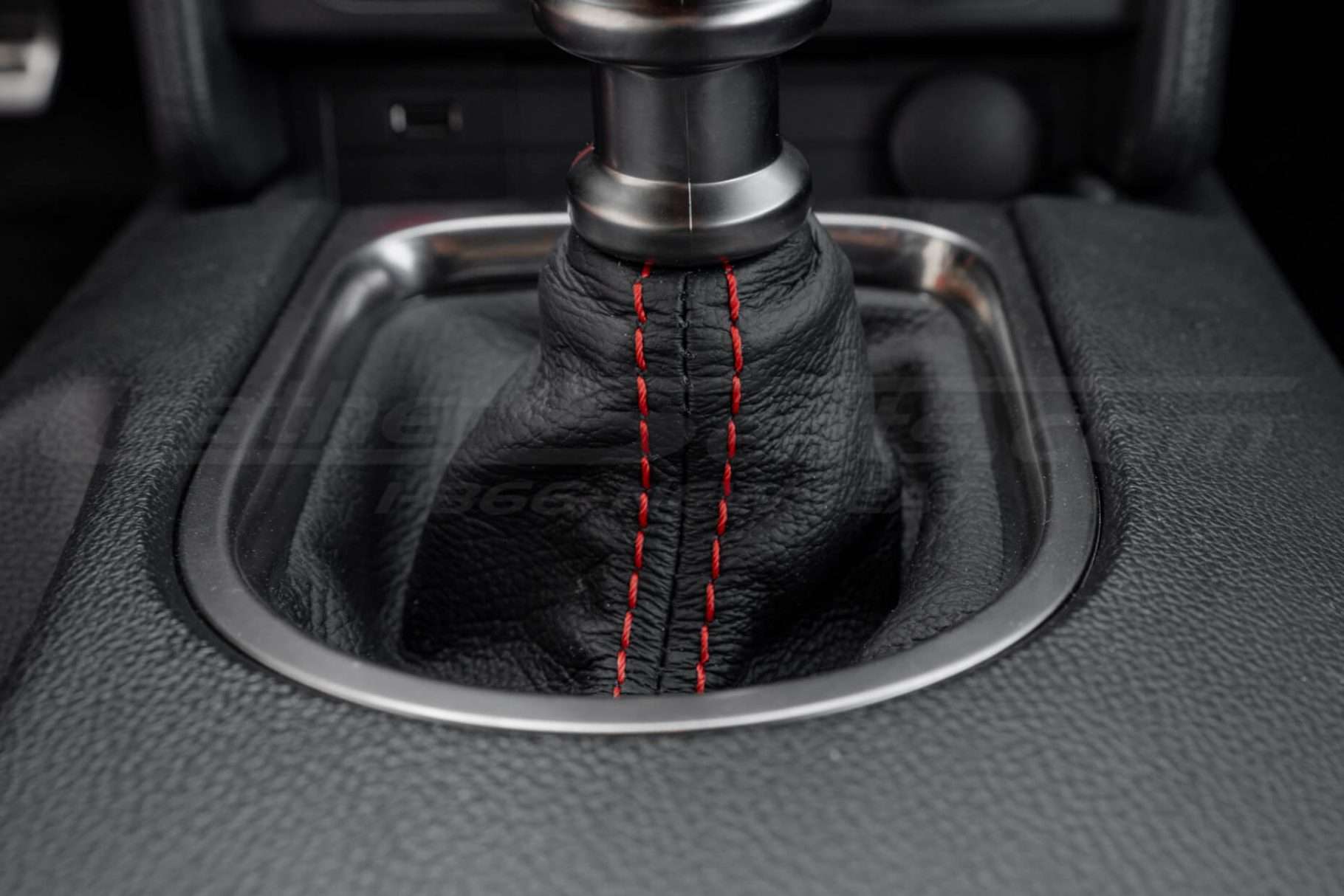 2015-2023 Ford Mustang Leather shoot boot in Black with bright red stitching