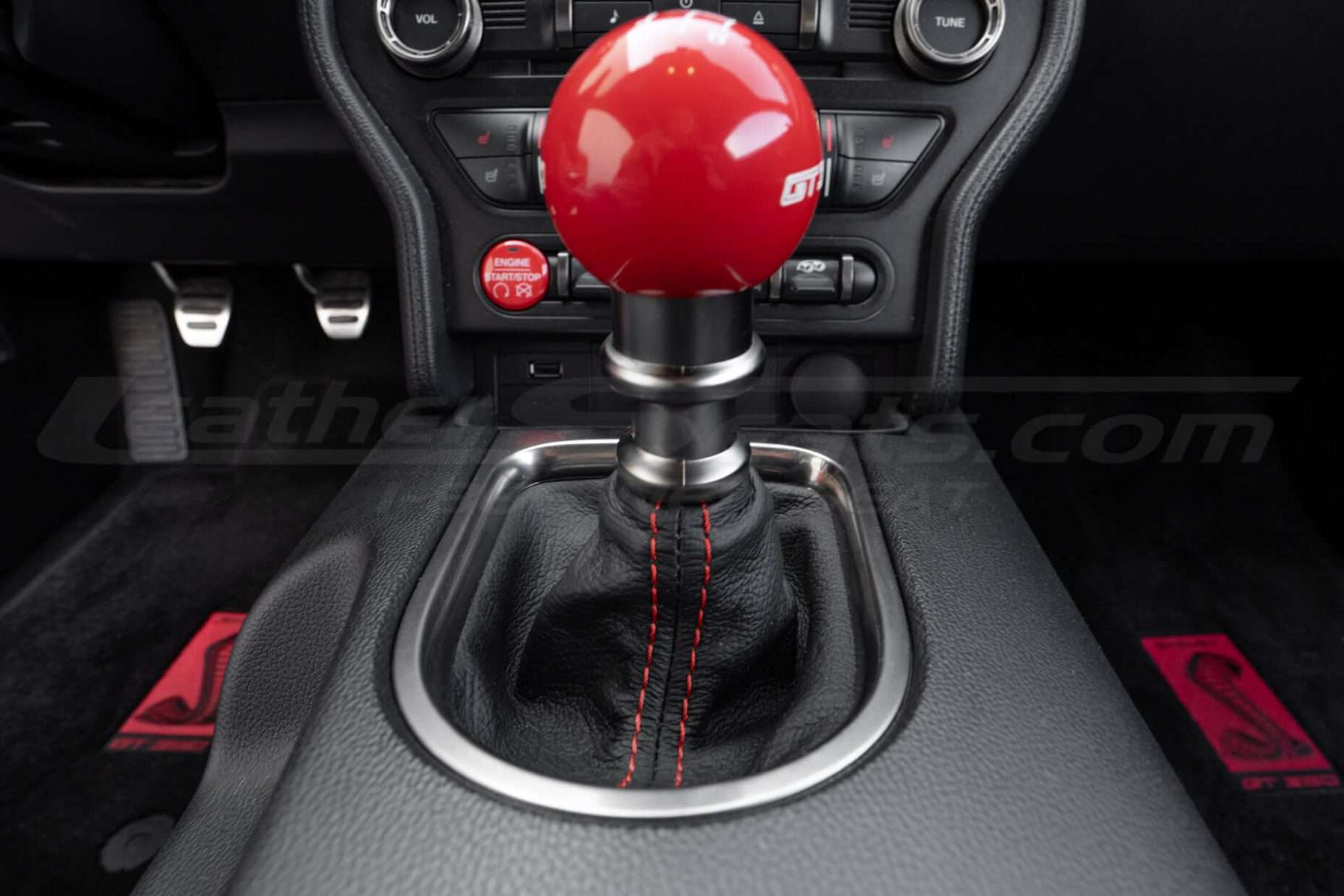 Front vieew of installed leather shift boot upholstery