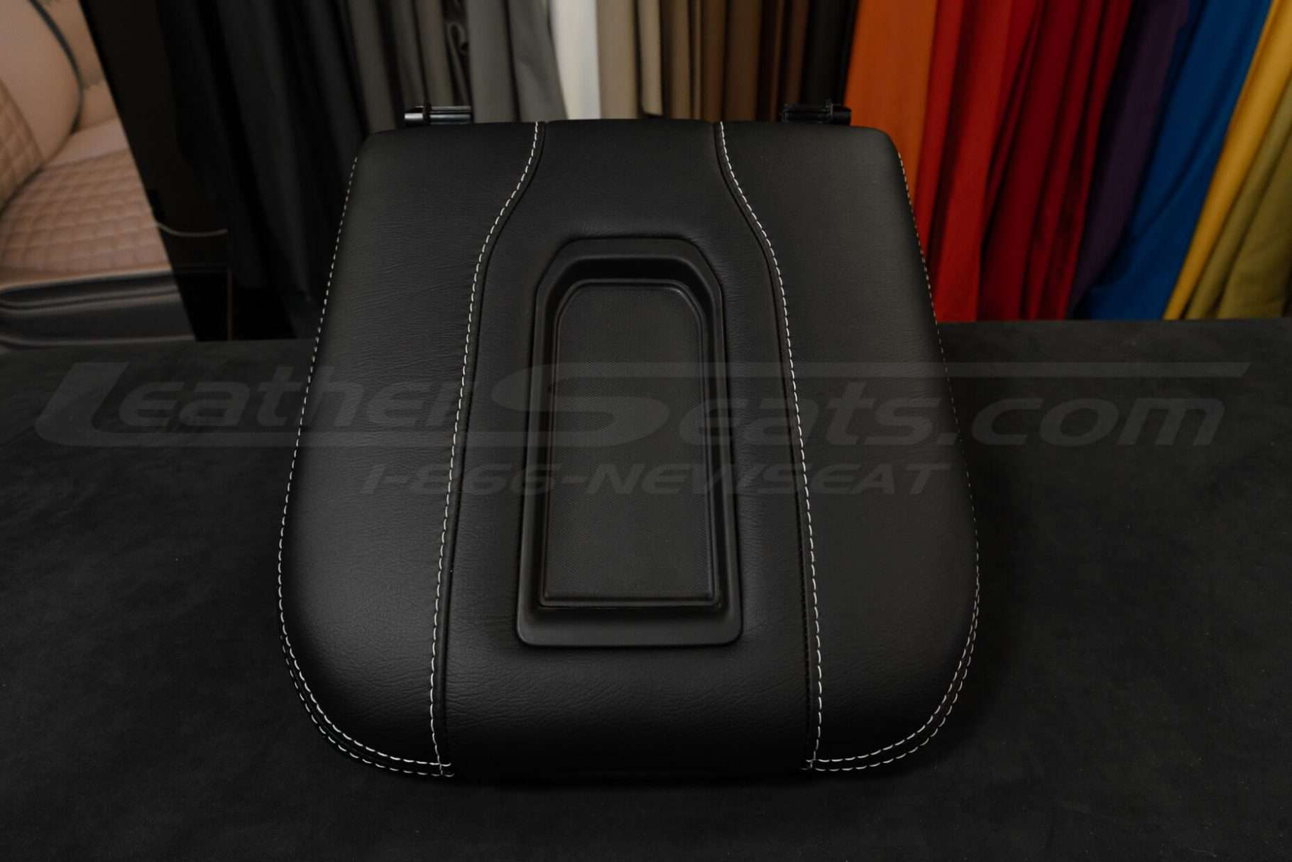 Chevrolet & GMC leather console lid cover in Black leather with silver stitching