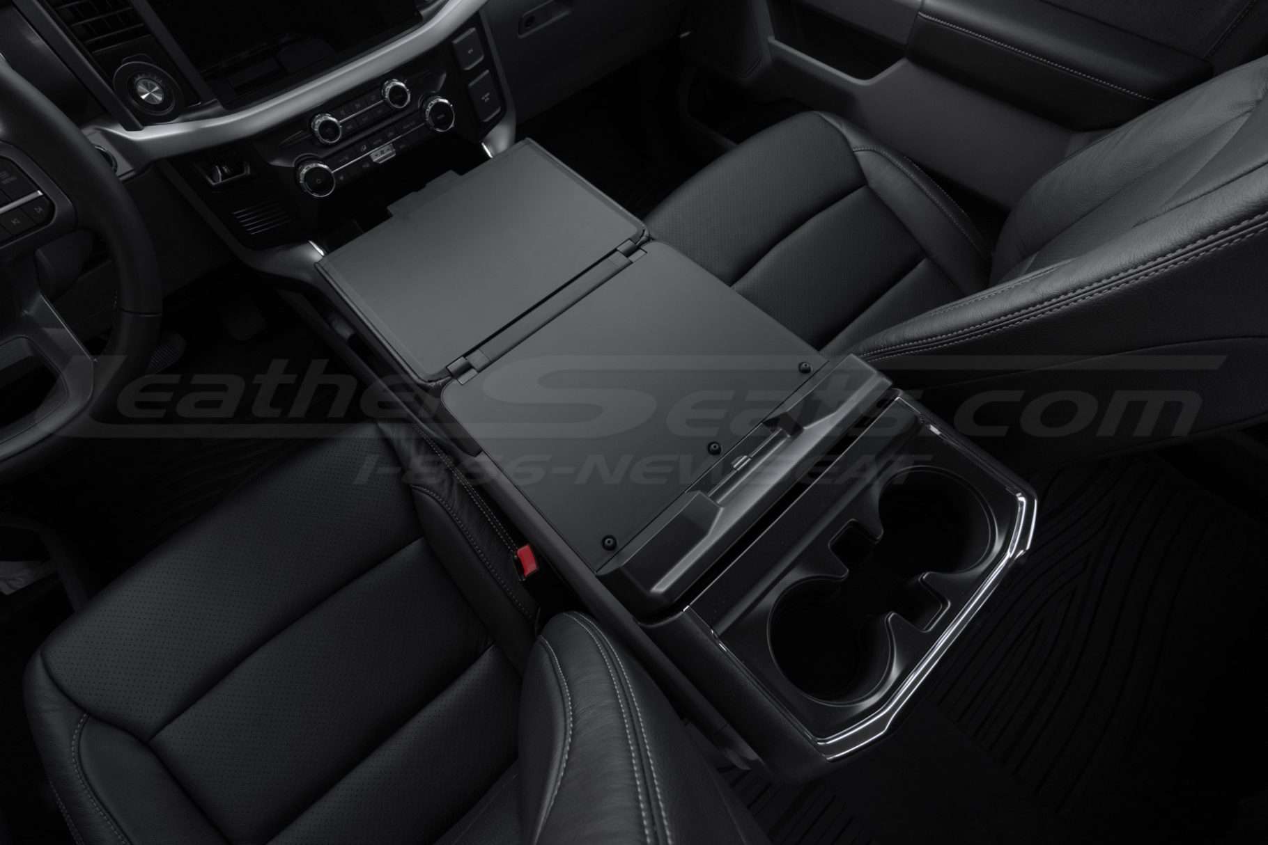 Alternative driver side view of flat lay for Ford F-150 work surface console