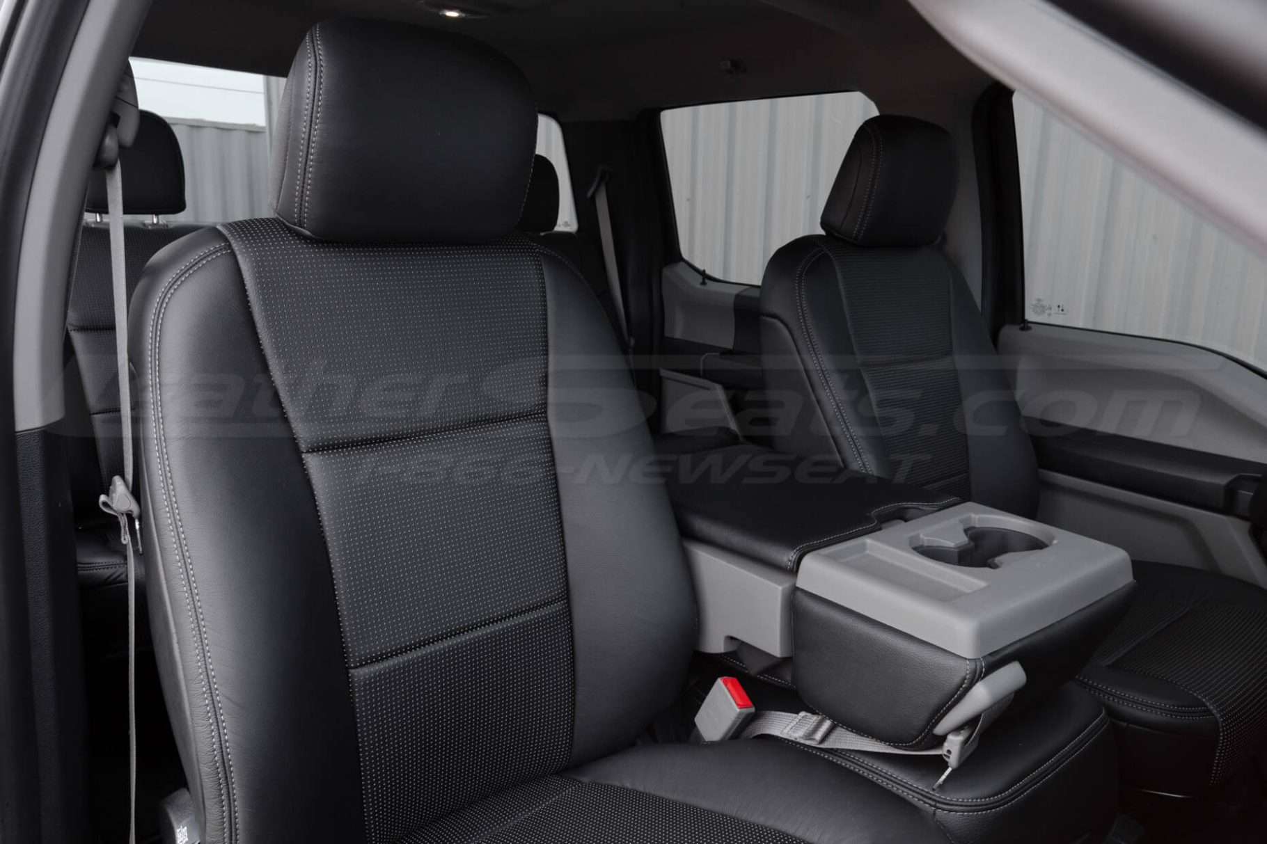 Leather front backrest and headrest section of installed leather upholstery for Ford Superduty