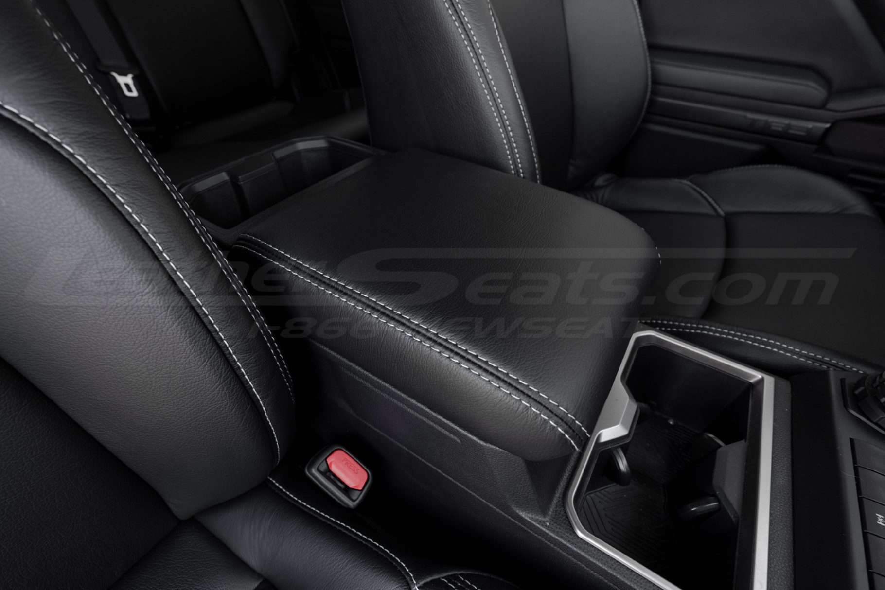 Passenger side close-up of Dove Grey stitching for Toyota Tacoma console