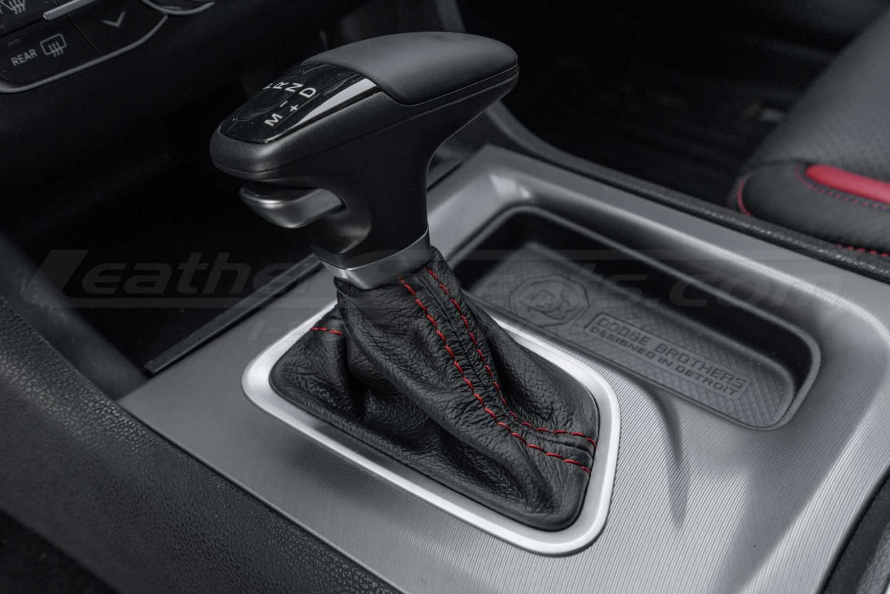 Aftermarket Dodge Charger shift boot upholstery installed
