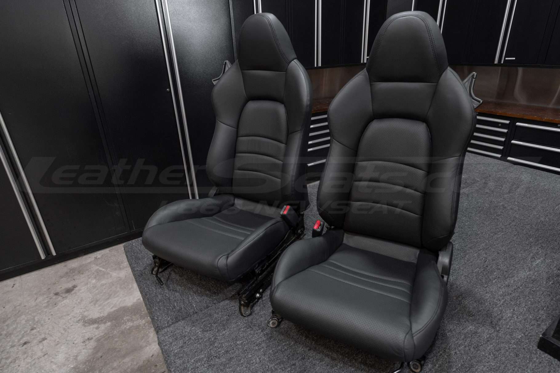 Side angle view of installed Honda S2000 leather seats - out of car