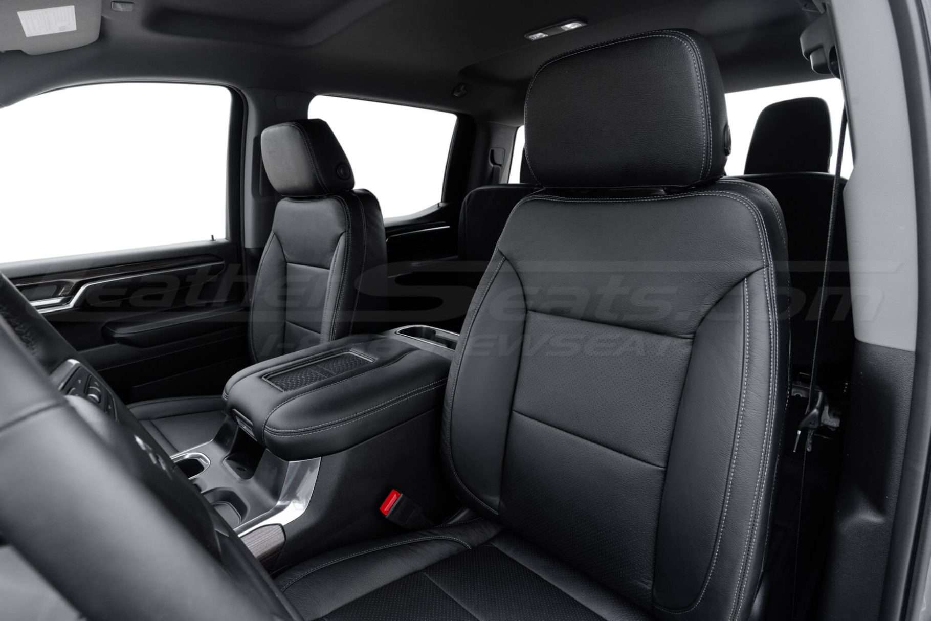 Front backrest and headrest section of installed driver leather seat