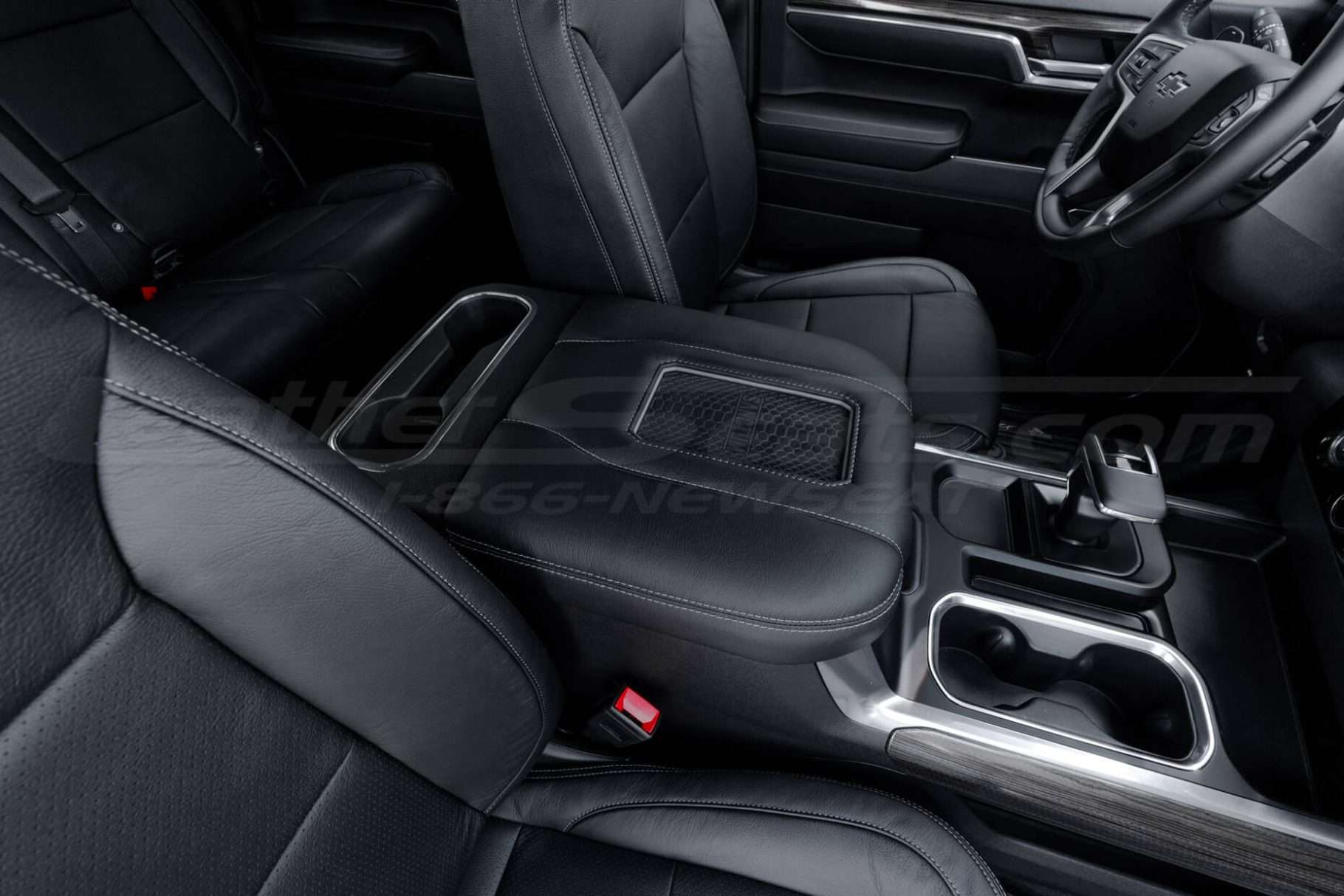 Wide view of Sanctum Wireless Phone Charging console lid for 2019-2024 Chevrolet and GM trucks