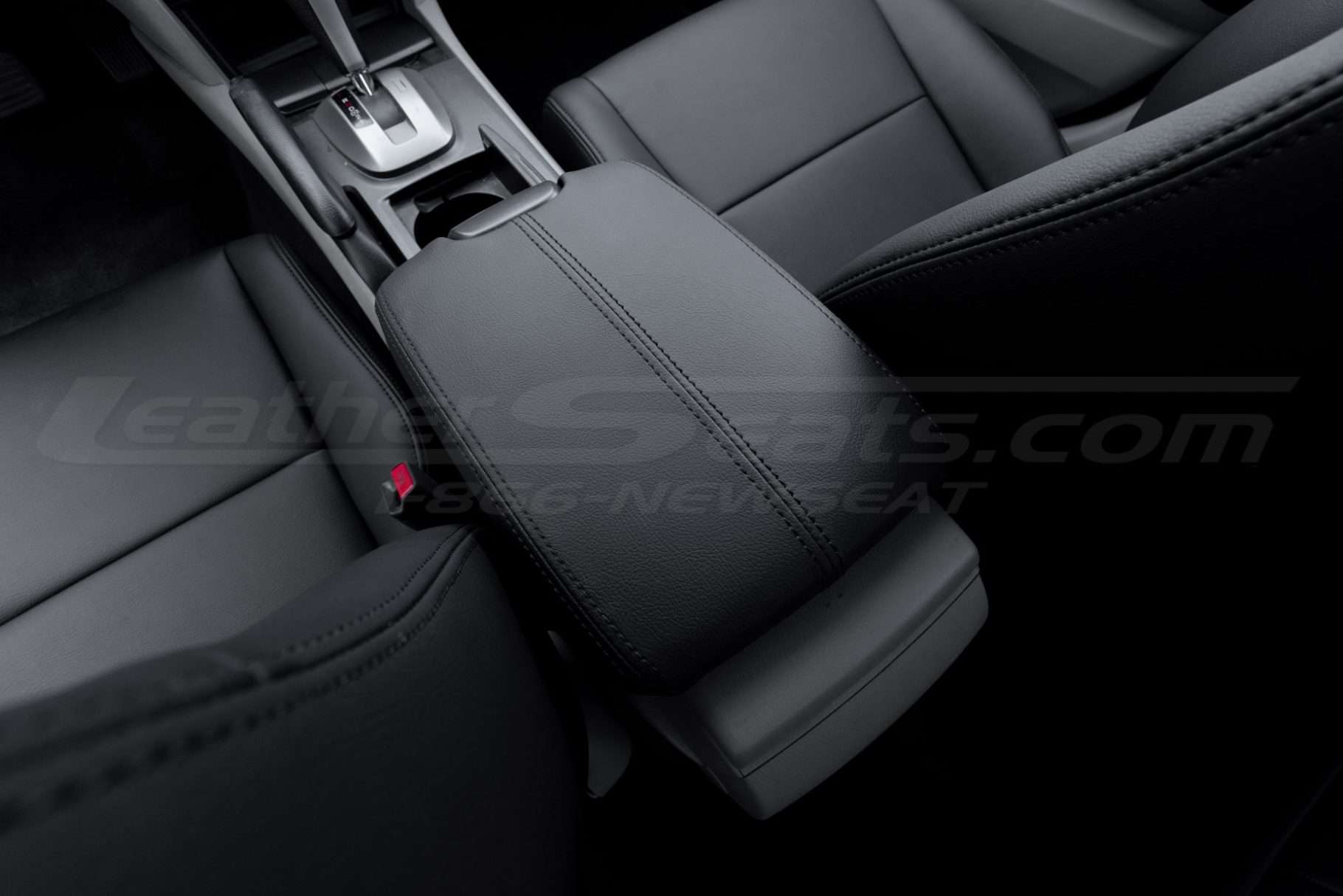 Rear seat dr/iver view of 2008-2012 honda accord leather console lid cover upholstery - installed