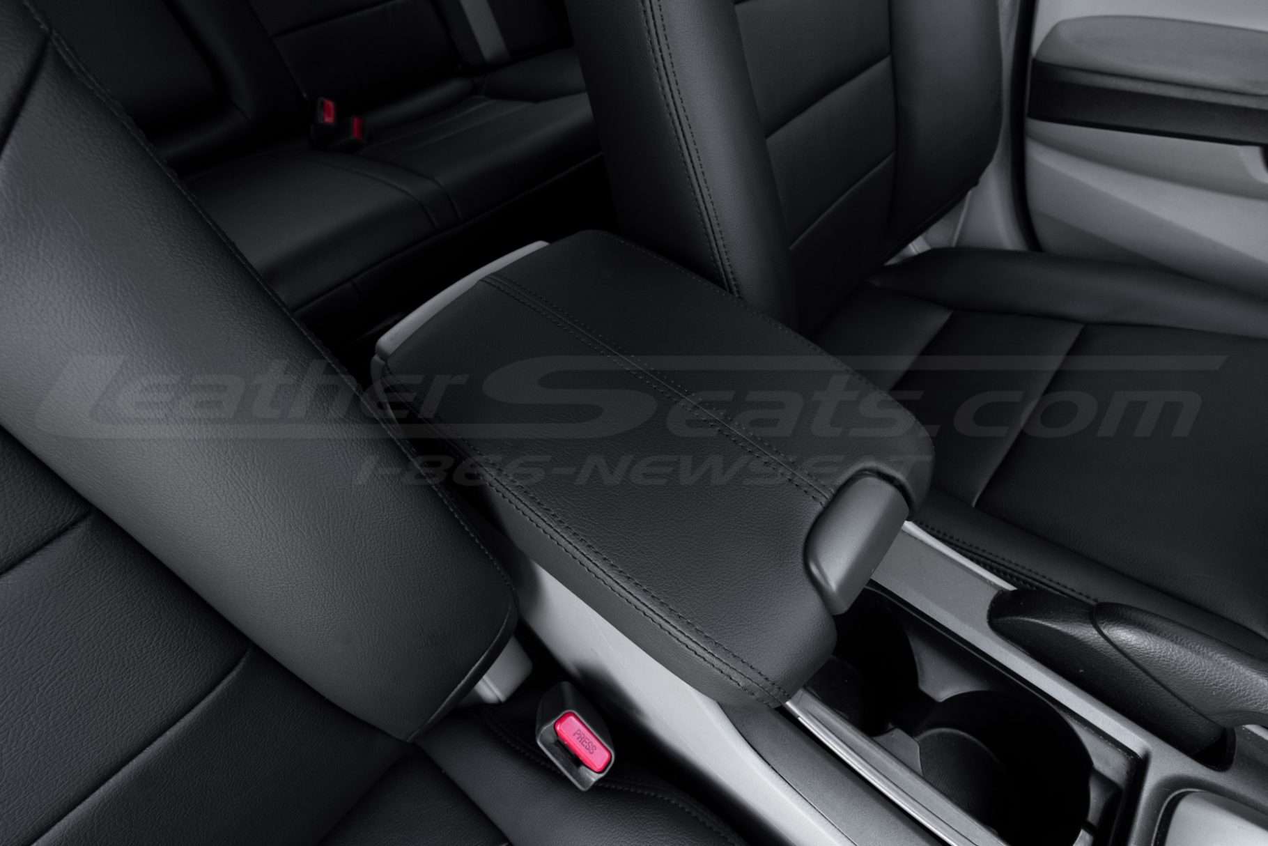 Passenger side view of Honda Accord leather console lid cover in black with black stitching