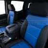 Front backrest & headrest section of installed front driver leather seats in black and cobalt