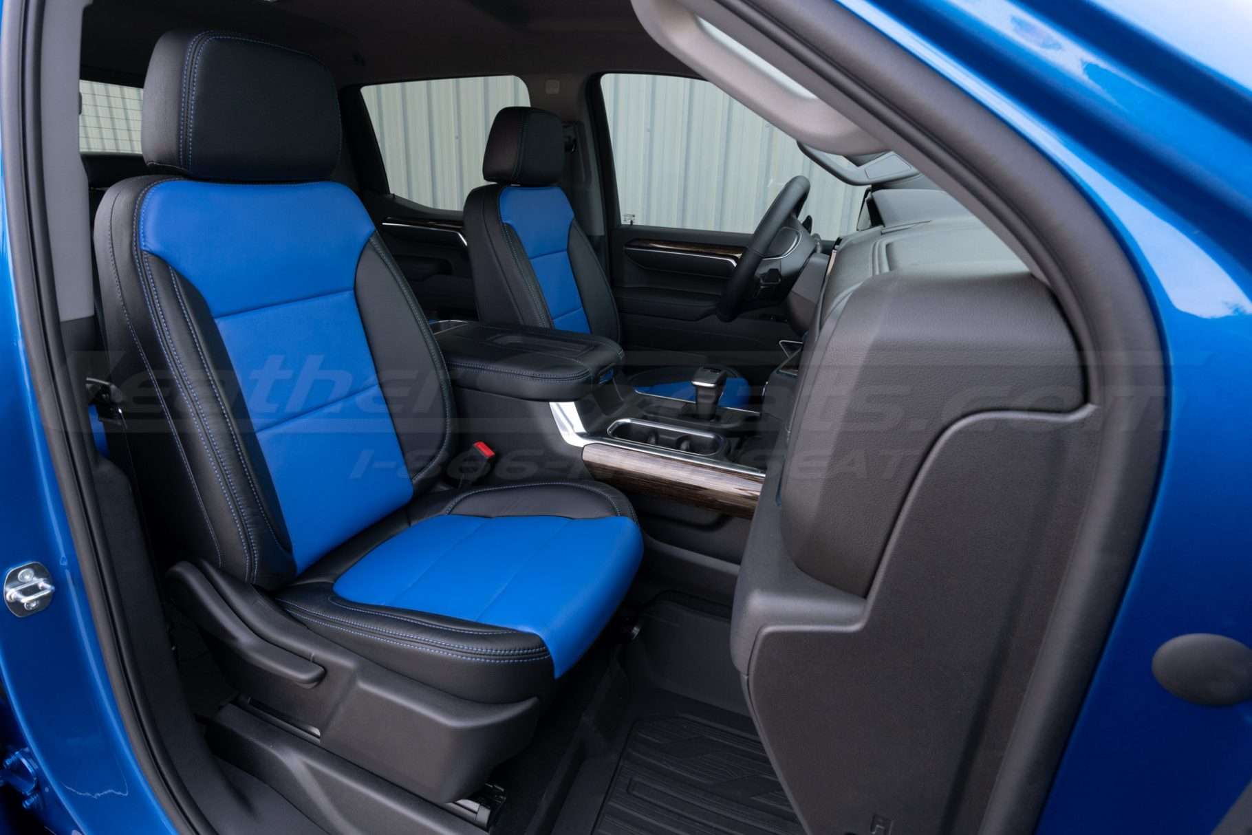 Two-Tone Black with Cobalt Blue Body GMC Sierra leather seats - installed - Front passenger