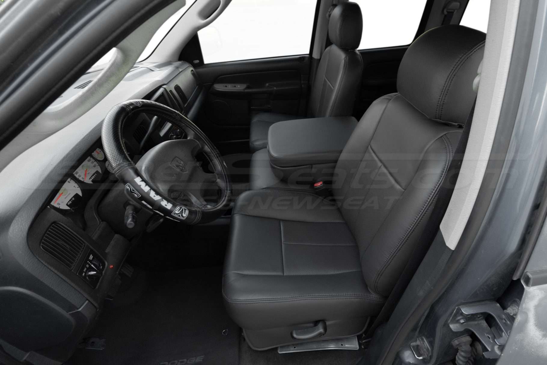 Alternative view of installed Dark Graphite leather seats for Dodge Ram - Front driver seat