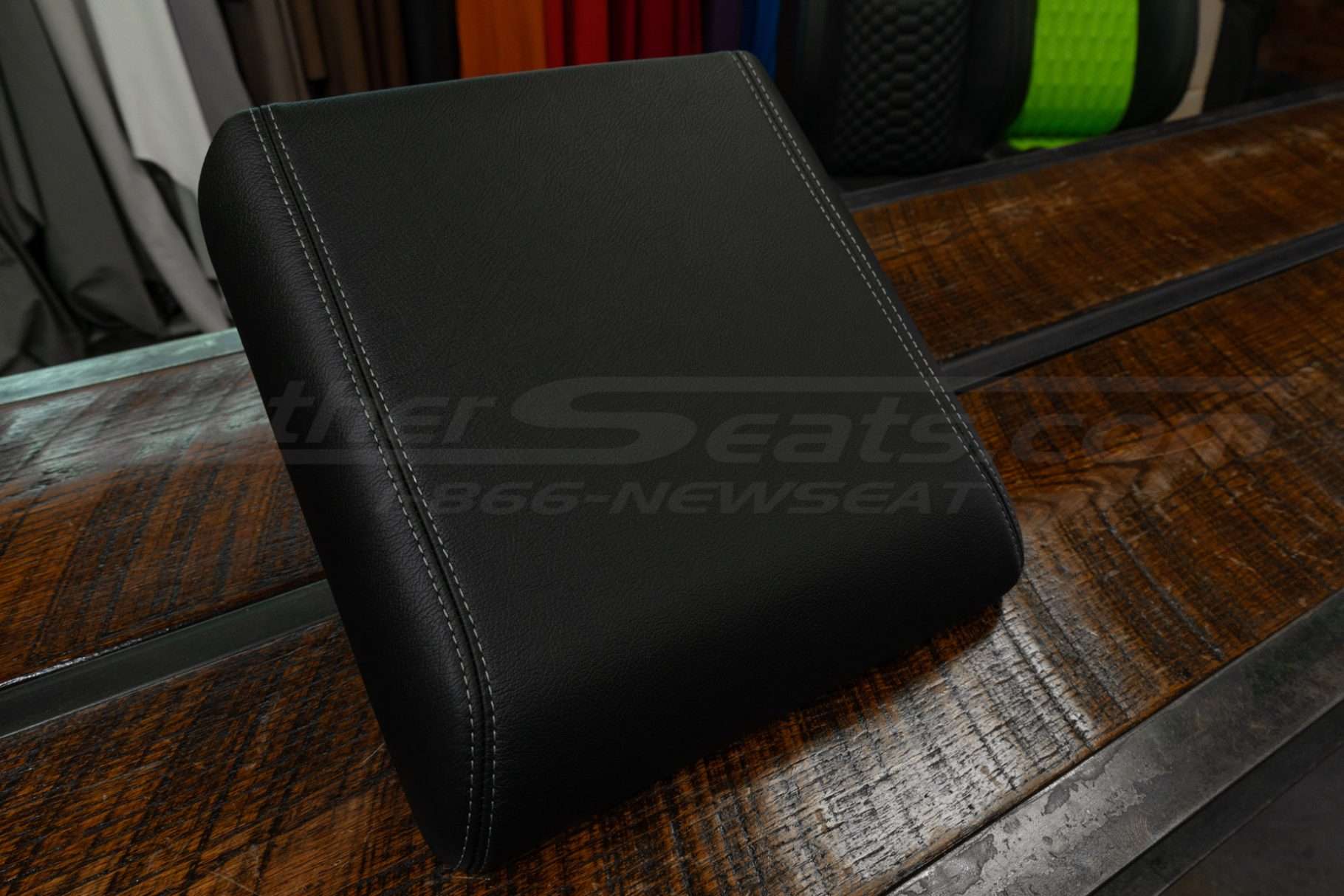 Alternate side view of black leather console lid for ford f-150