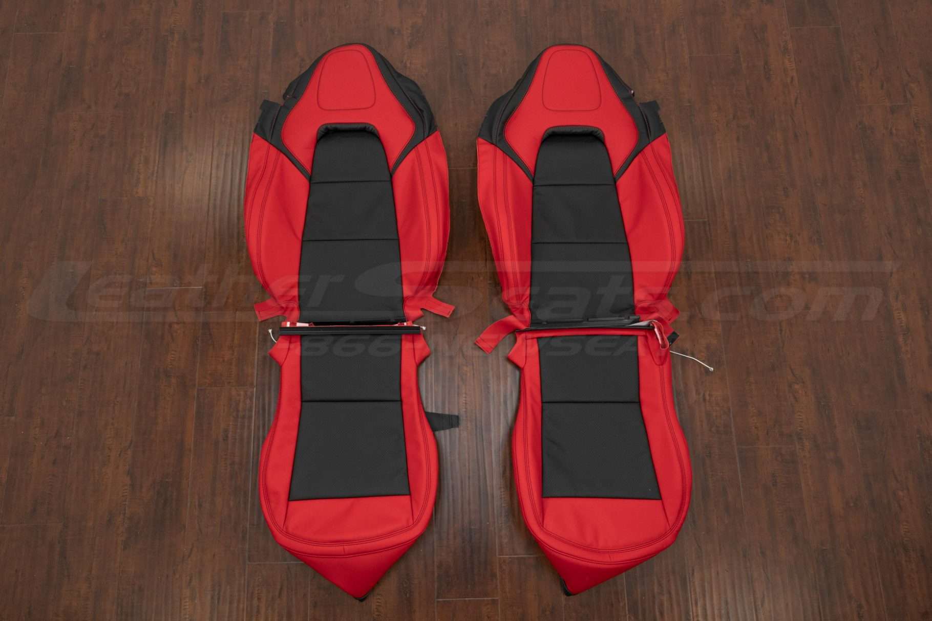Chevrolet C7 Corvette aftermarket leather seat upholstery in Nappa Torch Red/Bright Red and Nappa Black leather