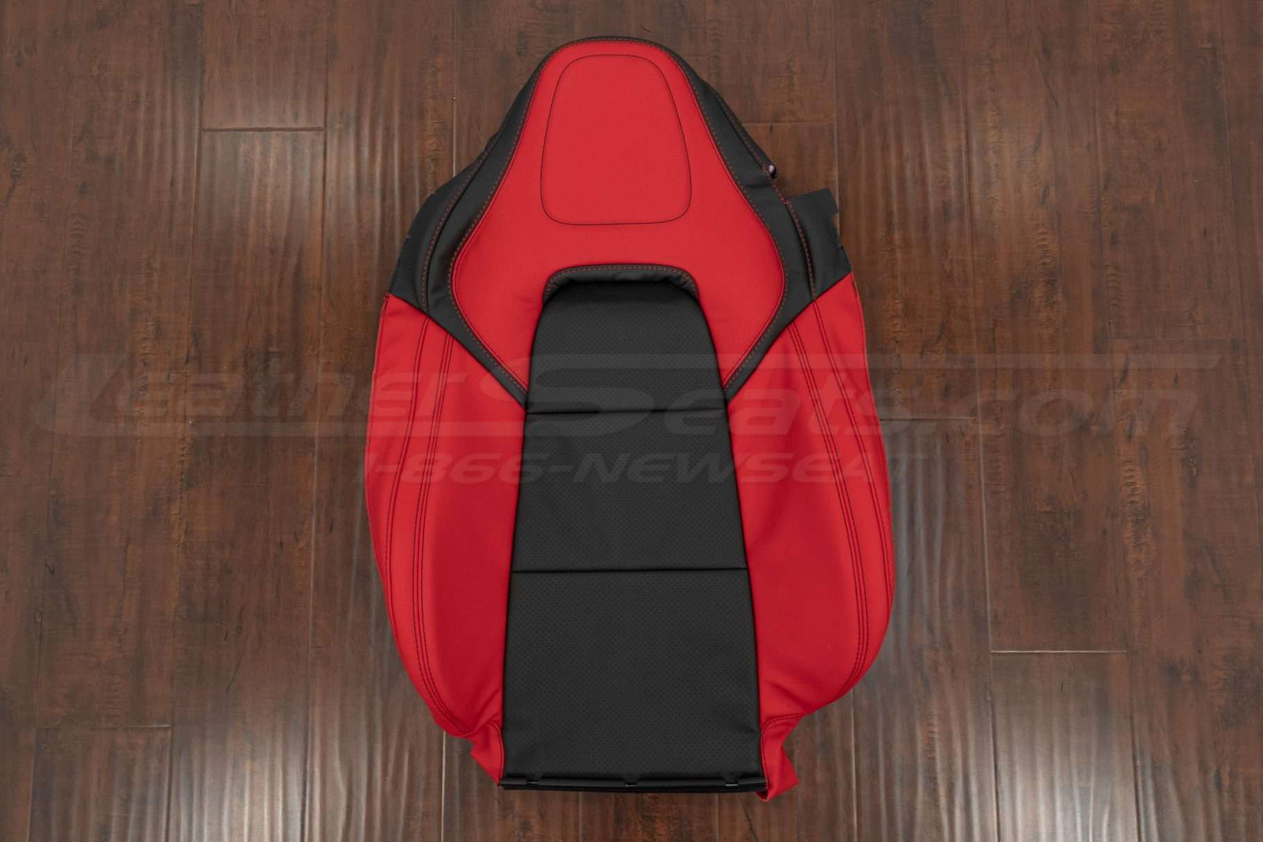 Chevrolet C7 Corvette custom leather upholstery in Italian Nappa Torch Red and Italina Naooa Black with perforated inserts - front backrest