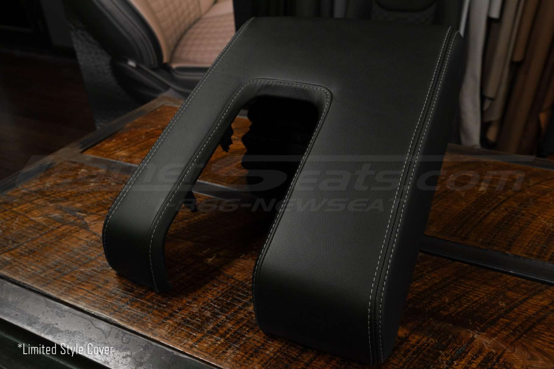 2014-2021 Toyota Tundra leather console lid cover in black with silver stitching