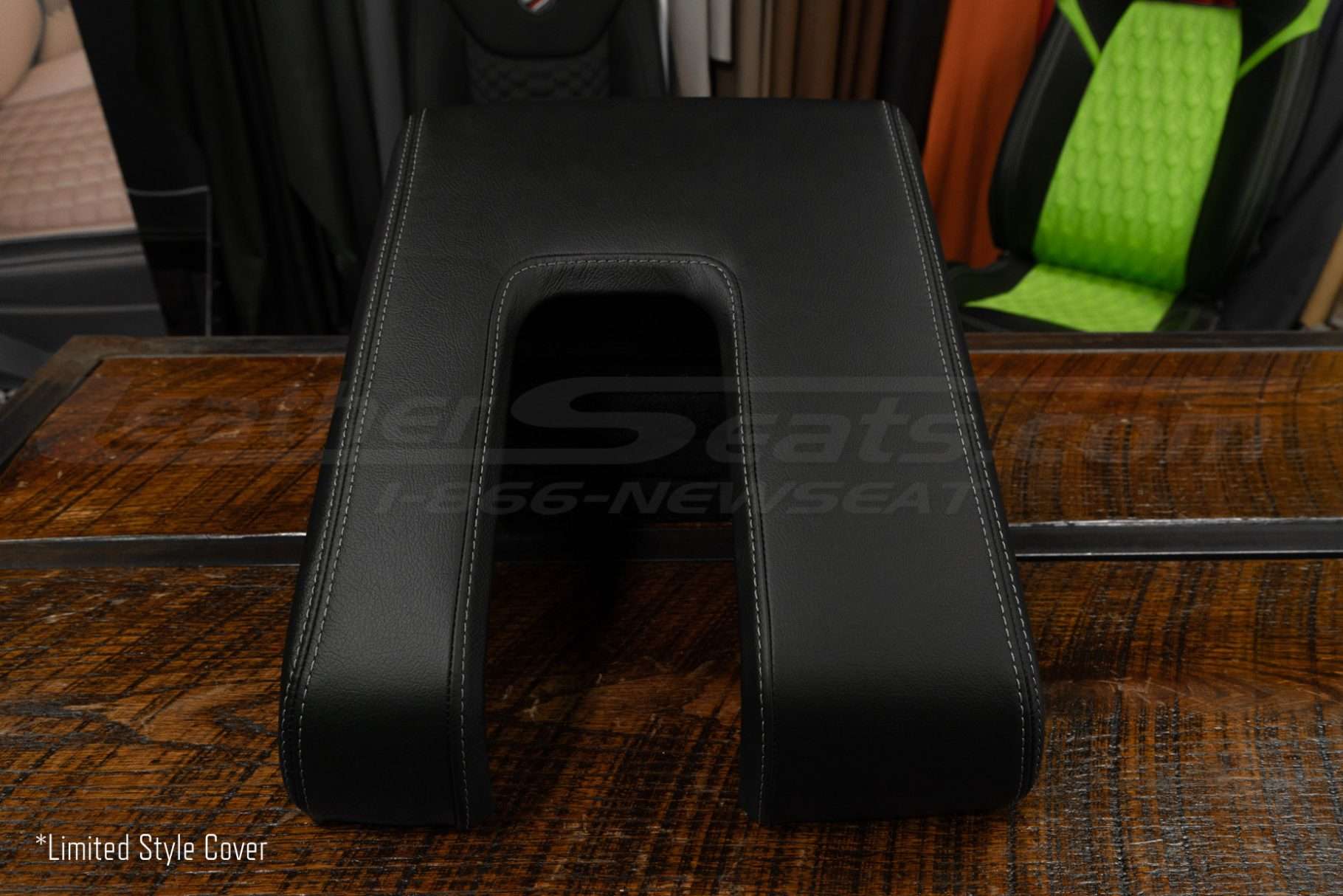 Toyota Tundra Limited leather console lid cover in black with contrasting stitching