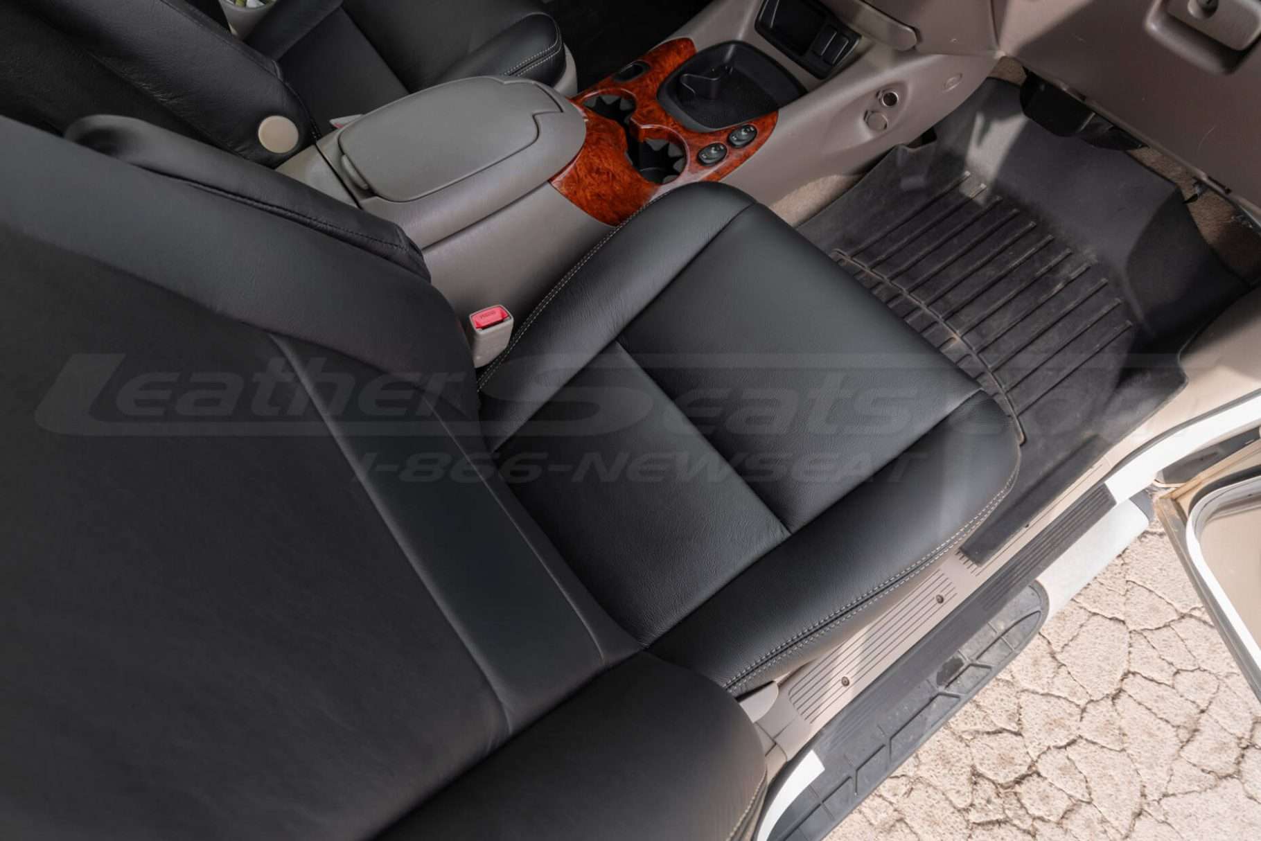 Top down view of black leather seat installed in toyota tundra