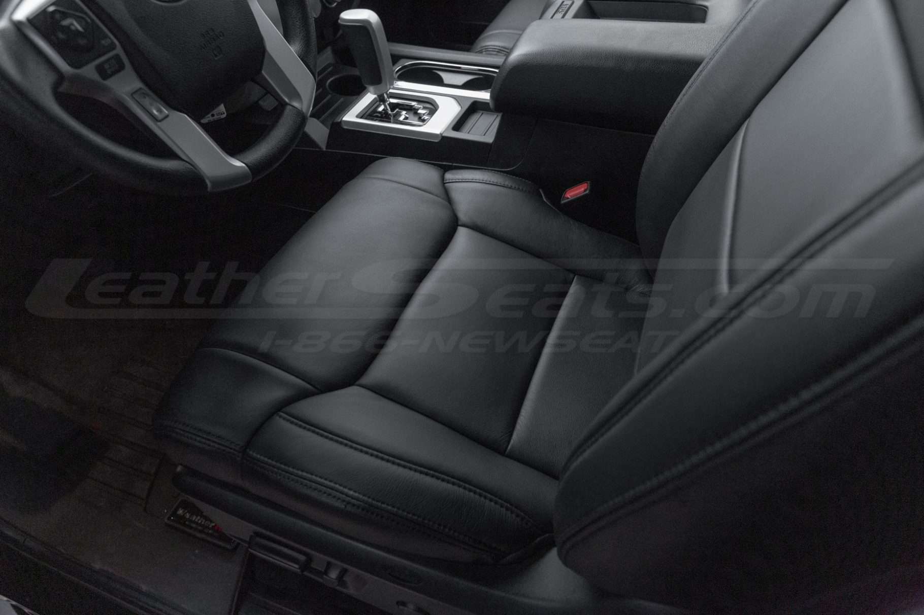Top down view of installed black leather seats for toyota tundra
