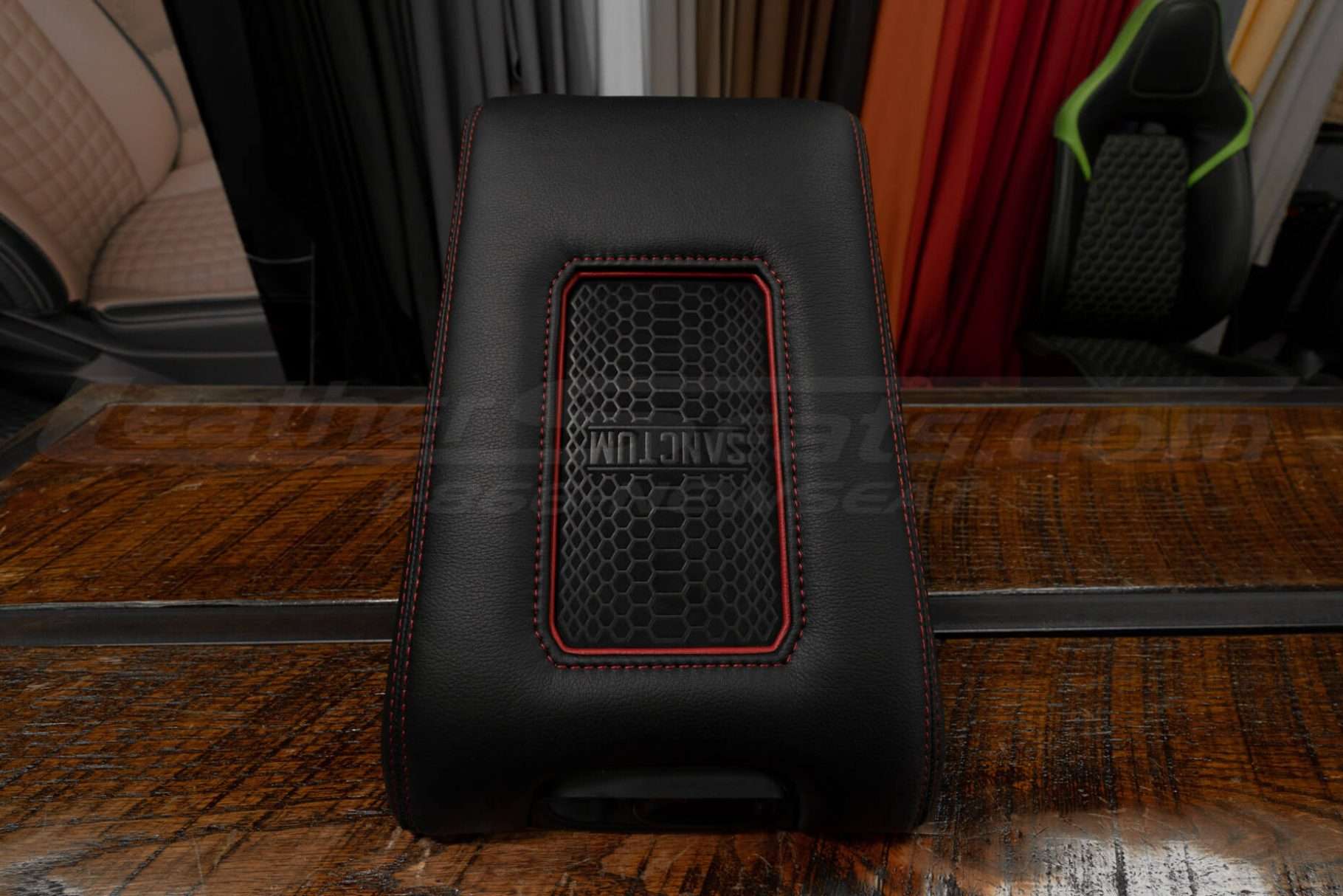 2009-2014 Ford F-150 Sanctum Wireless Charging Console in Black with red triim ring and red stitching
