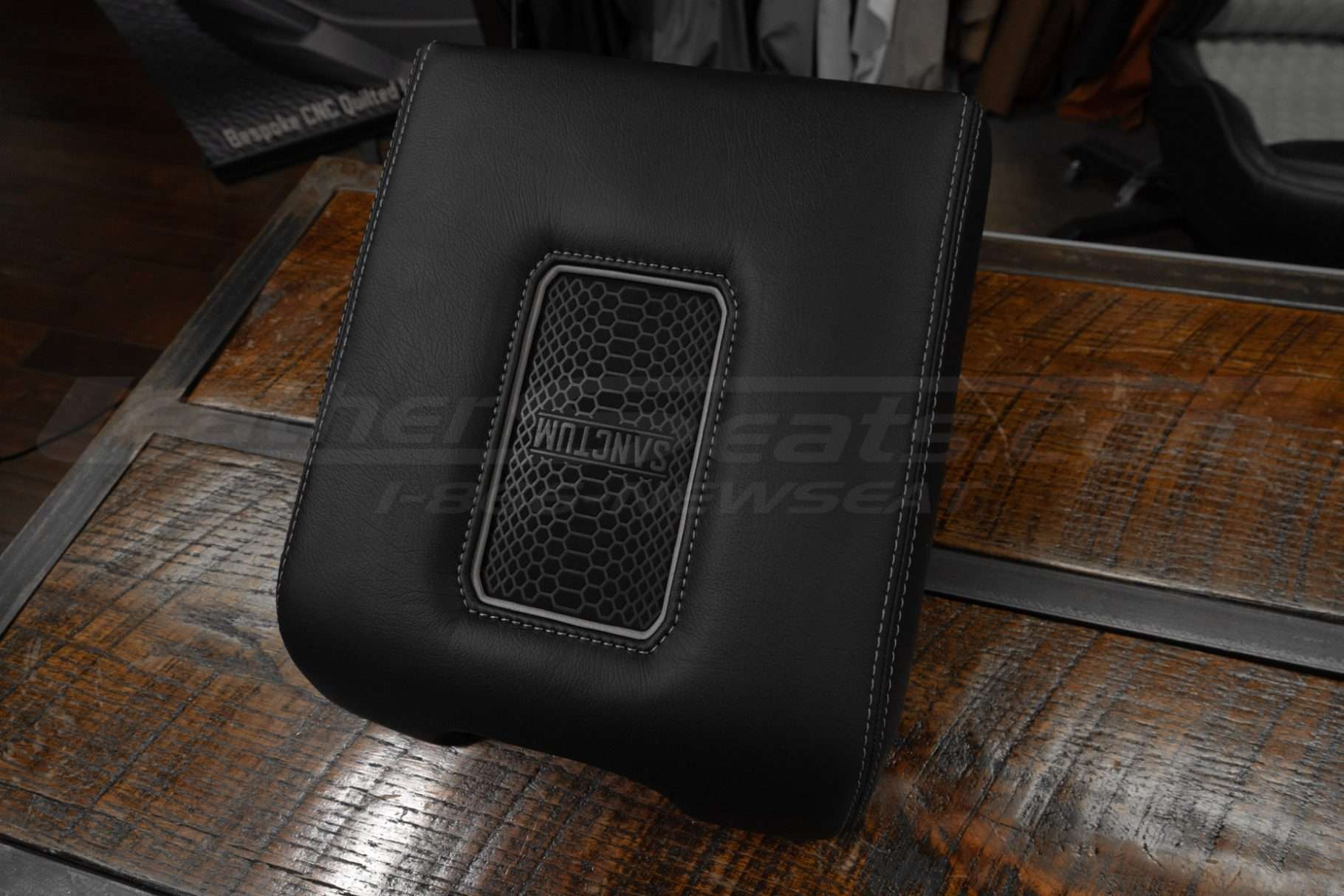 2017-2022 Ford Superduty wireless charging phone console in black with canvas stitching and trim ring