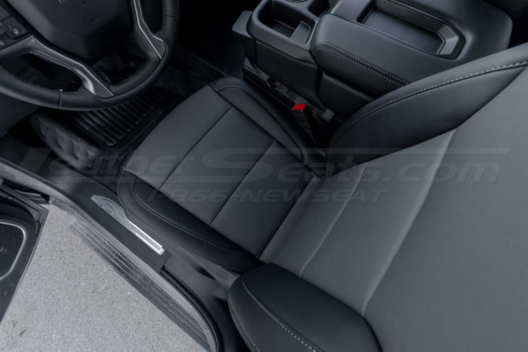 Top-doiwn view of installed aftermarket leather seat covers for silverado trucks