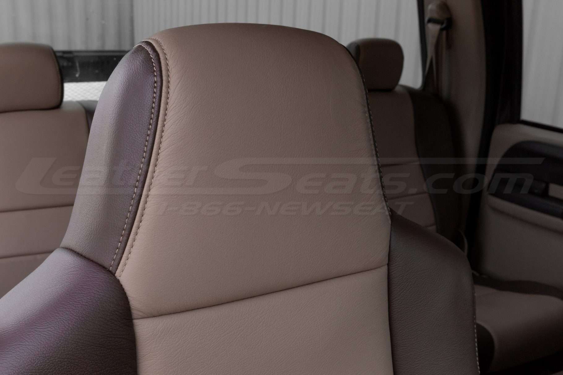 Installed Ford Superduty Two-tone leather headrest close-up