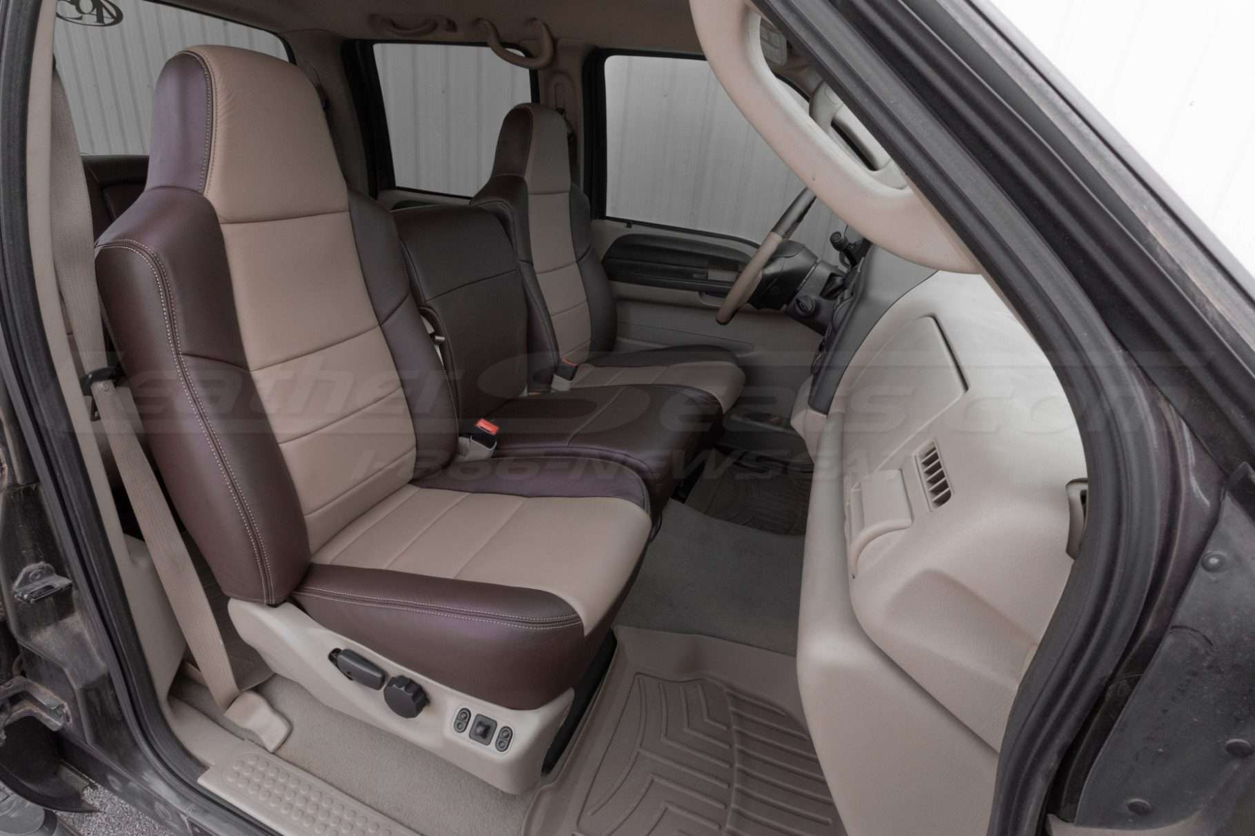 Installed passenger leather seats with coffee and adobe leather - jump seat up