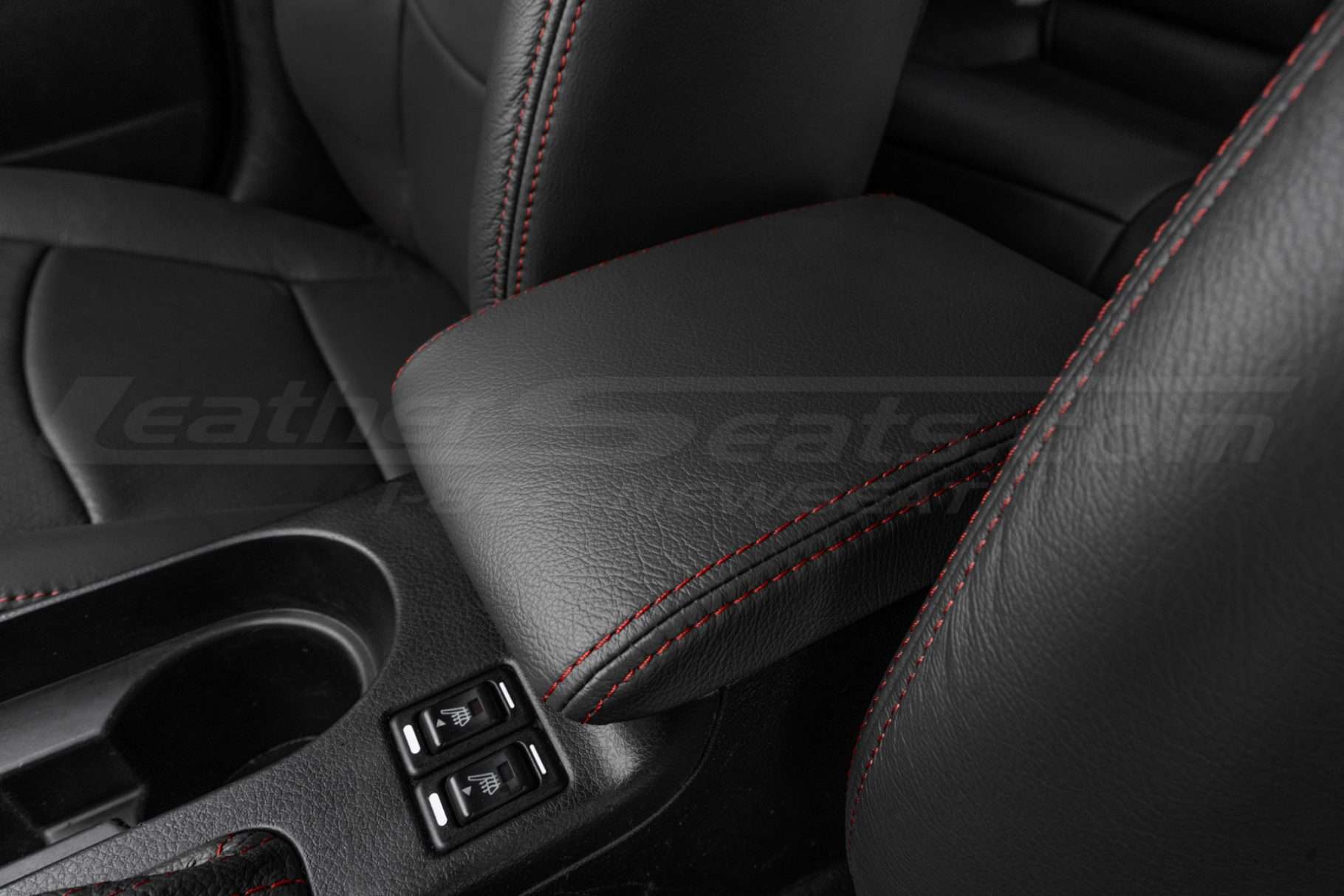 Installed Subaru WRX installed leater console cover in Dark Graphite with contrasting Red stitching
