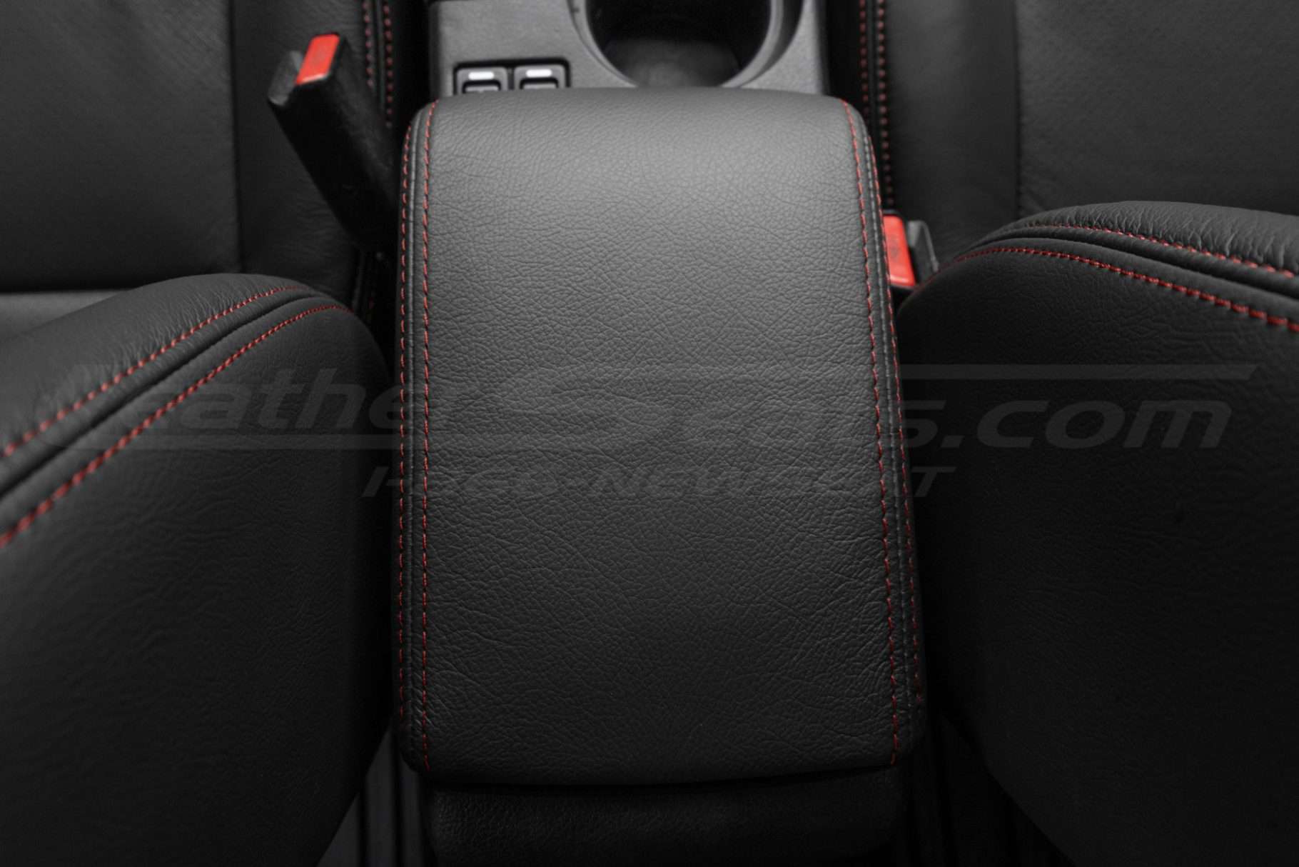 Back to front view of installed leather console lid cover for Impreza WRX