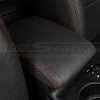 Close up of Dark Graphite with contrast Red stitching leather console lid cover - installed