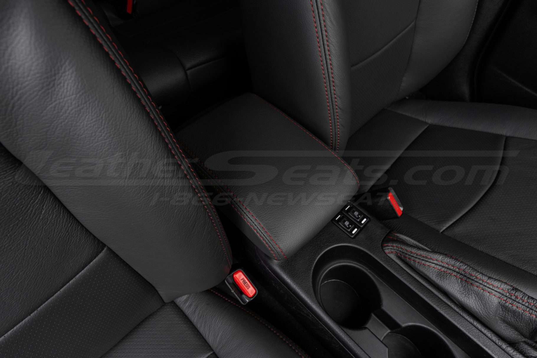 Passenger side view of Subaru Impreza WRX aftermarket center console lid cover installed
