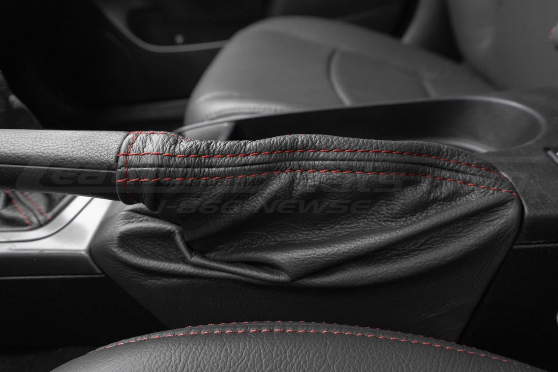 Close-up of leather cover for WRX e-brake