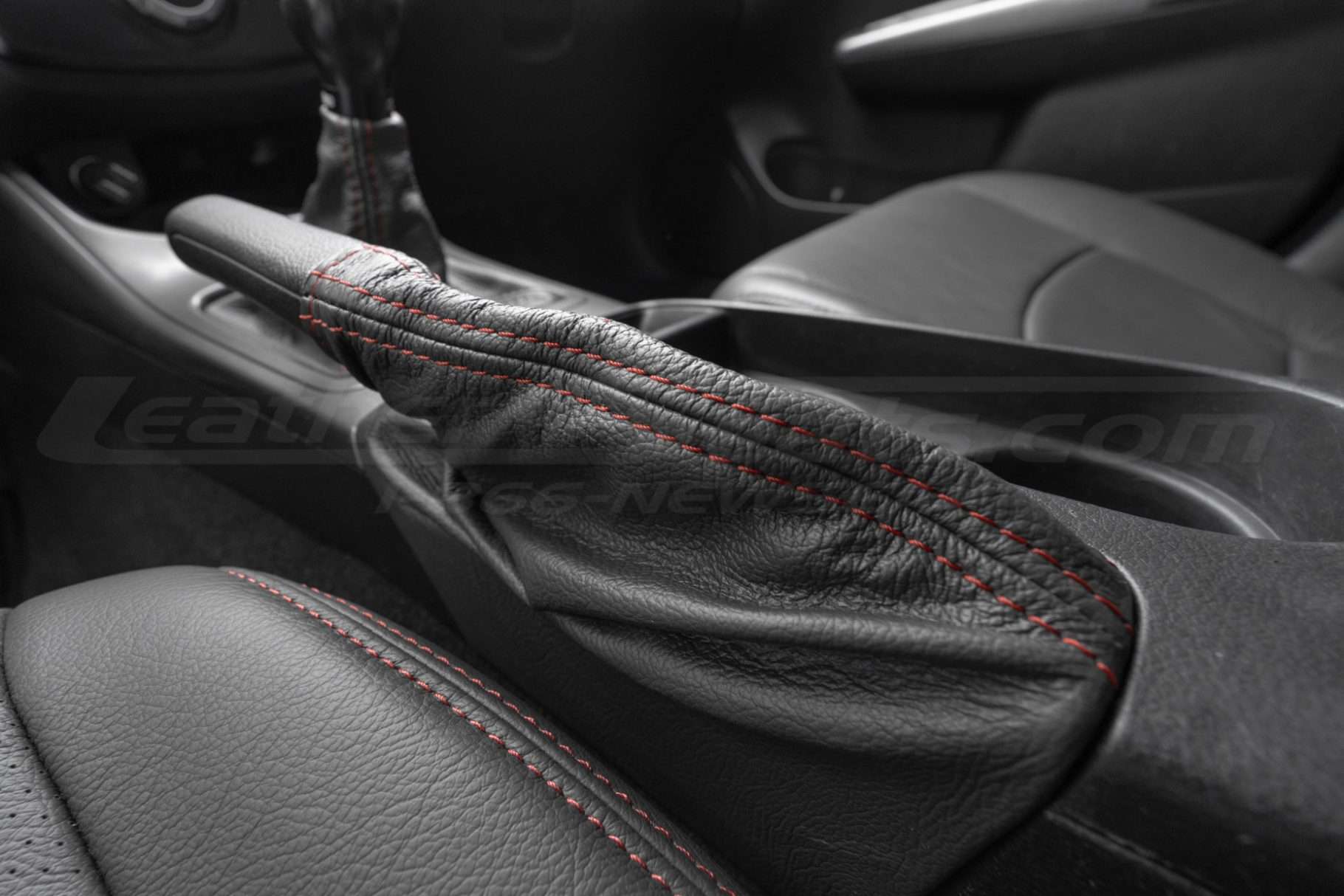 Close-up of leather E-Brake Boot Upholstery for Subaru Impreza WRX