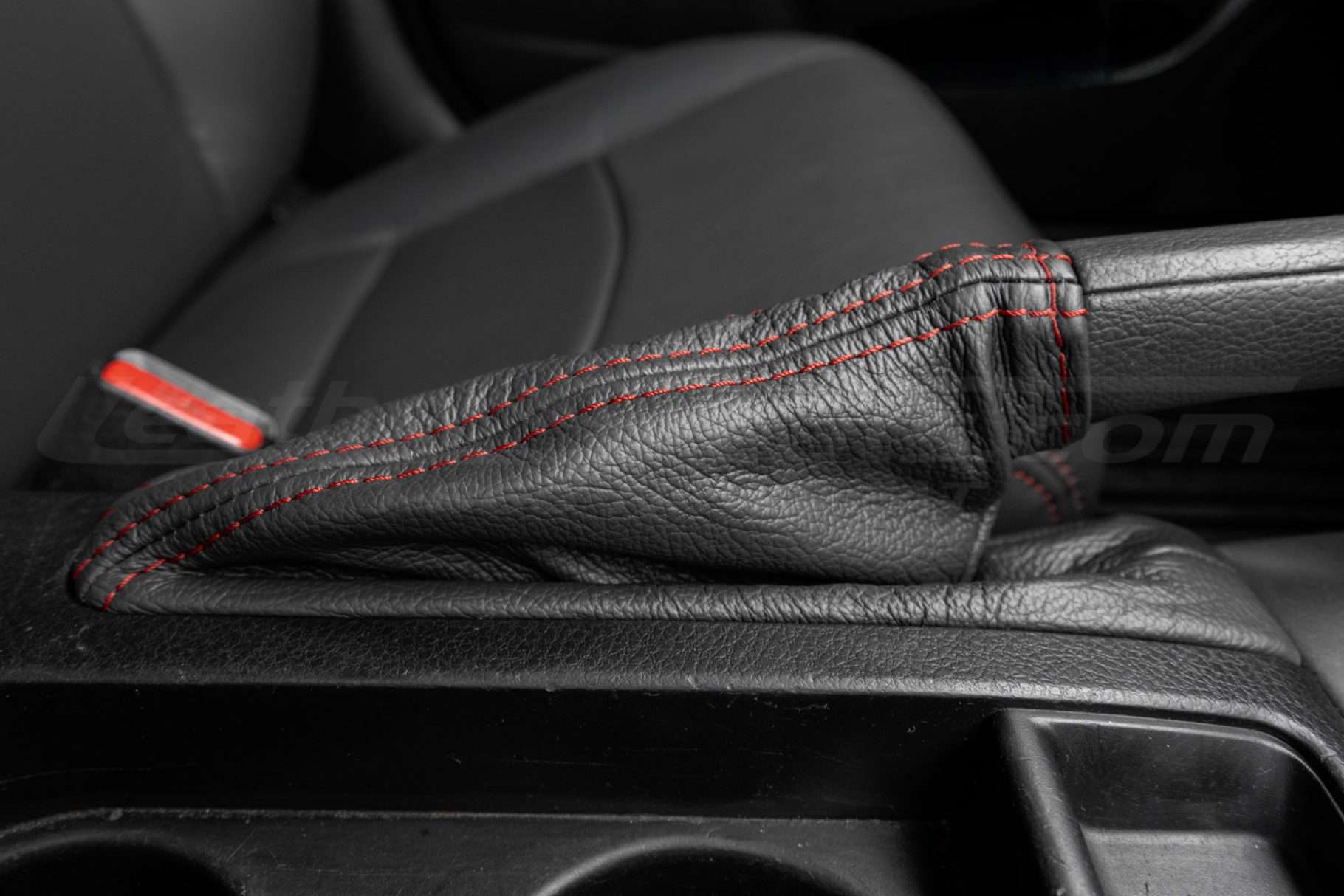 E-Brake boot cover with contrast Red sitching close-up
