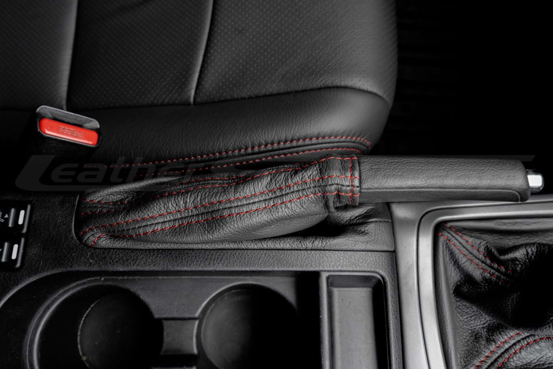 Top-down flat view of custom aftermarket leatherebrake upholstery installed