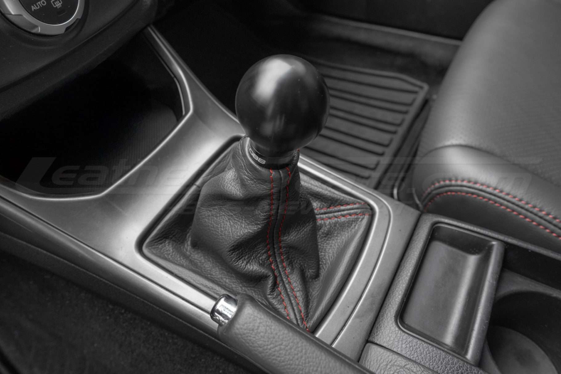 Top-down view of leather shift boot cover for Subaru Impreza WRX
