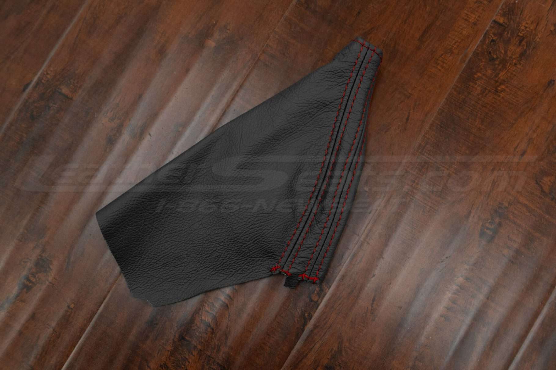 Side view flat lay of premium leather emergency brake boot upholstery for impreza WRX