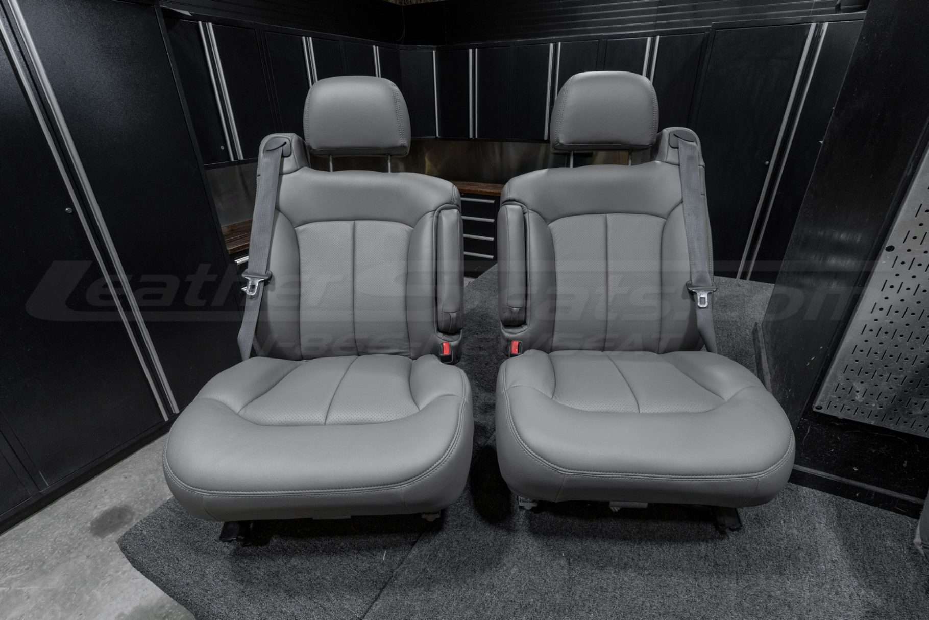 Front on view of iinstalled smoke leather seats for chevrolet silverado