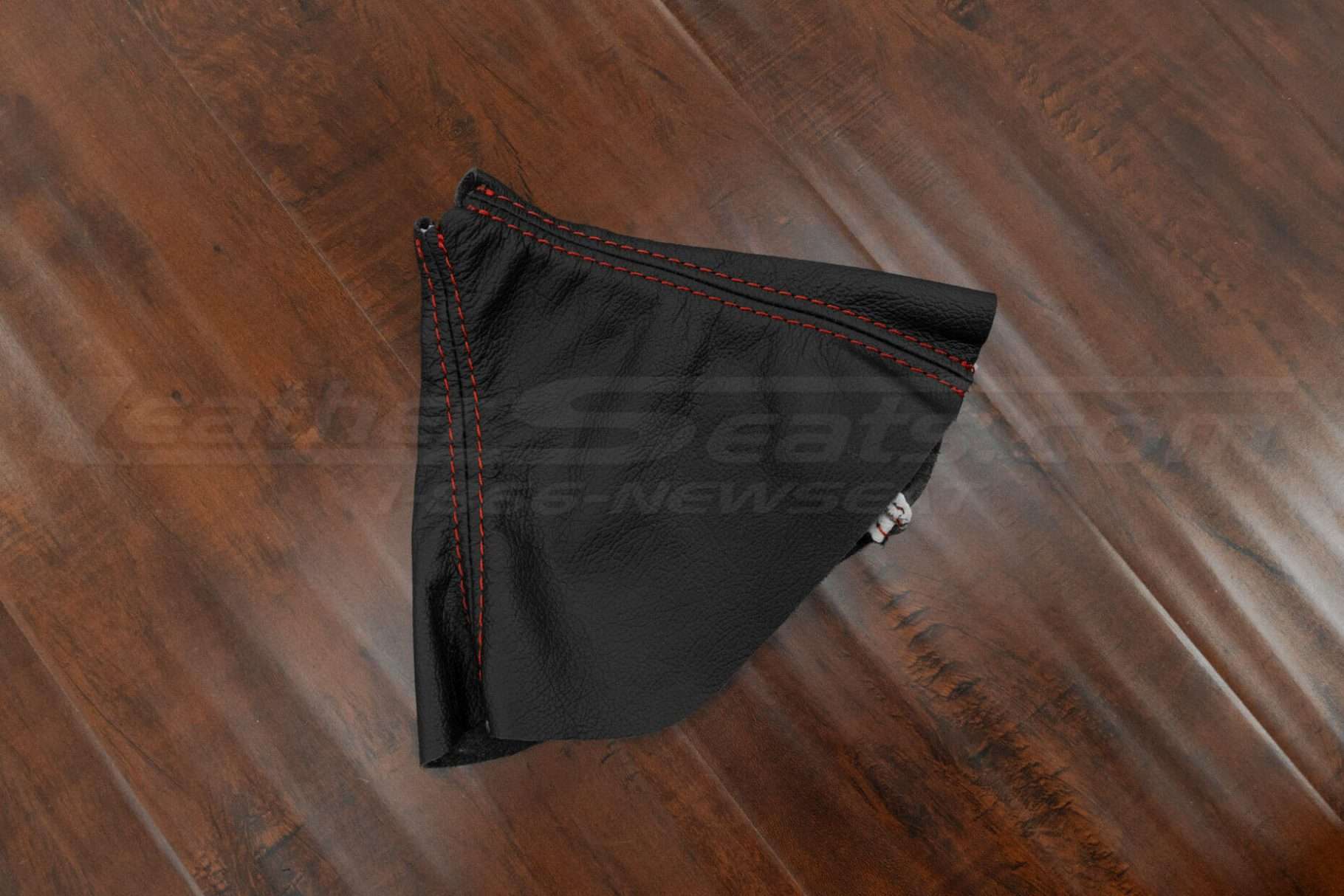 Pontiac GTO premium leather shift boot upholstery in black leather with red stitching