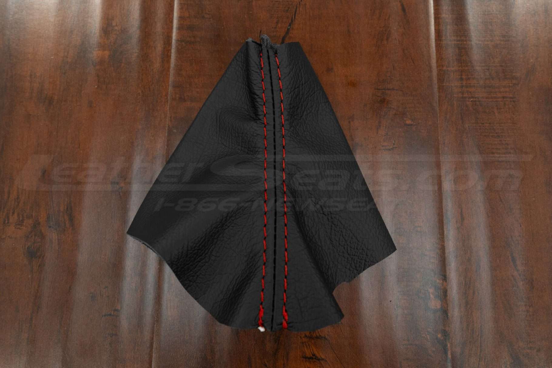 2015-2020 Ford F-150 leather shift boot pholstery in black with red stitching