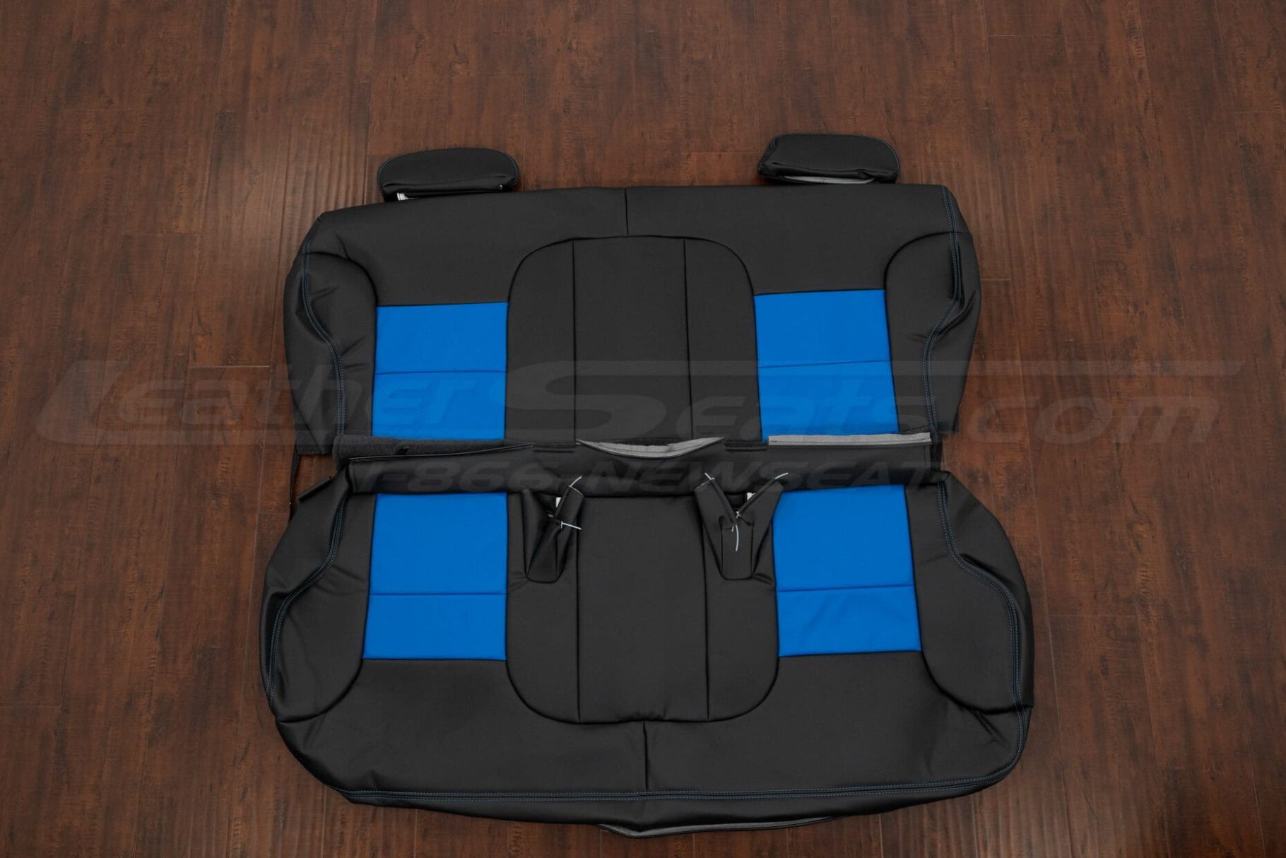 Rear seat leather upholstery in black and cobalt blue for chevrolet tahoe lt