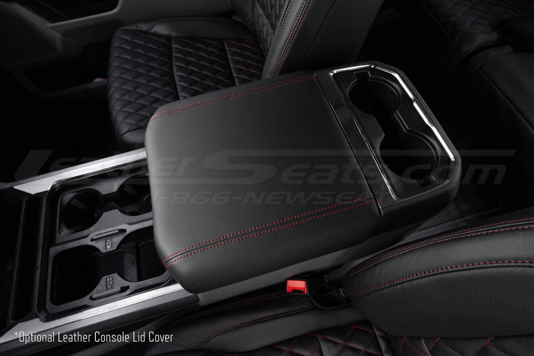 Black center console lid cover with red stitching